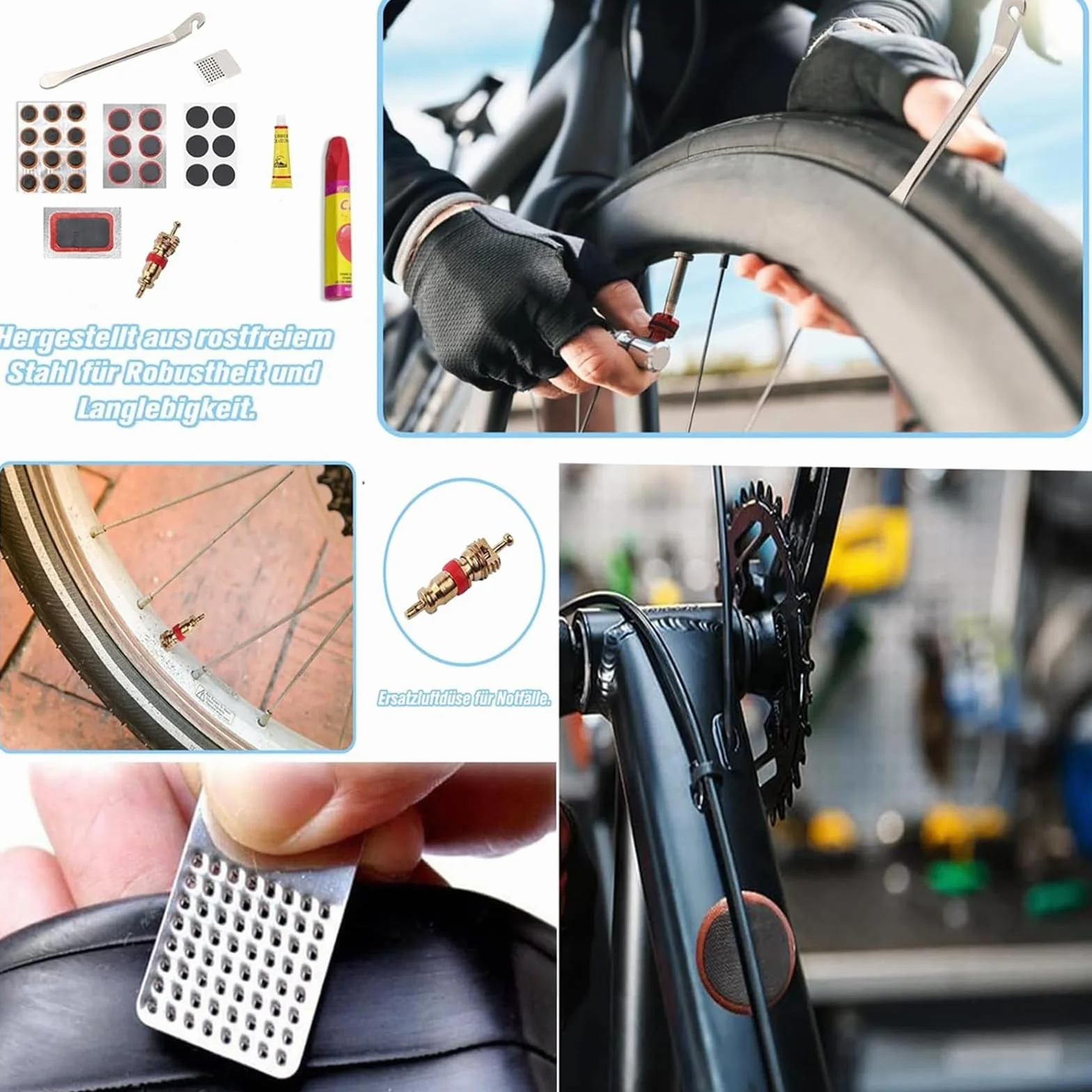 Kit Riparazione Bici 44-56 Pezzi, Toppe Rotonde Gomma Autoadesive, Attrezzo Multifunzione, Contenitore Portatile