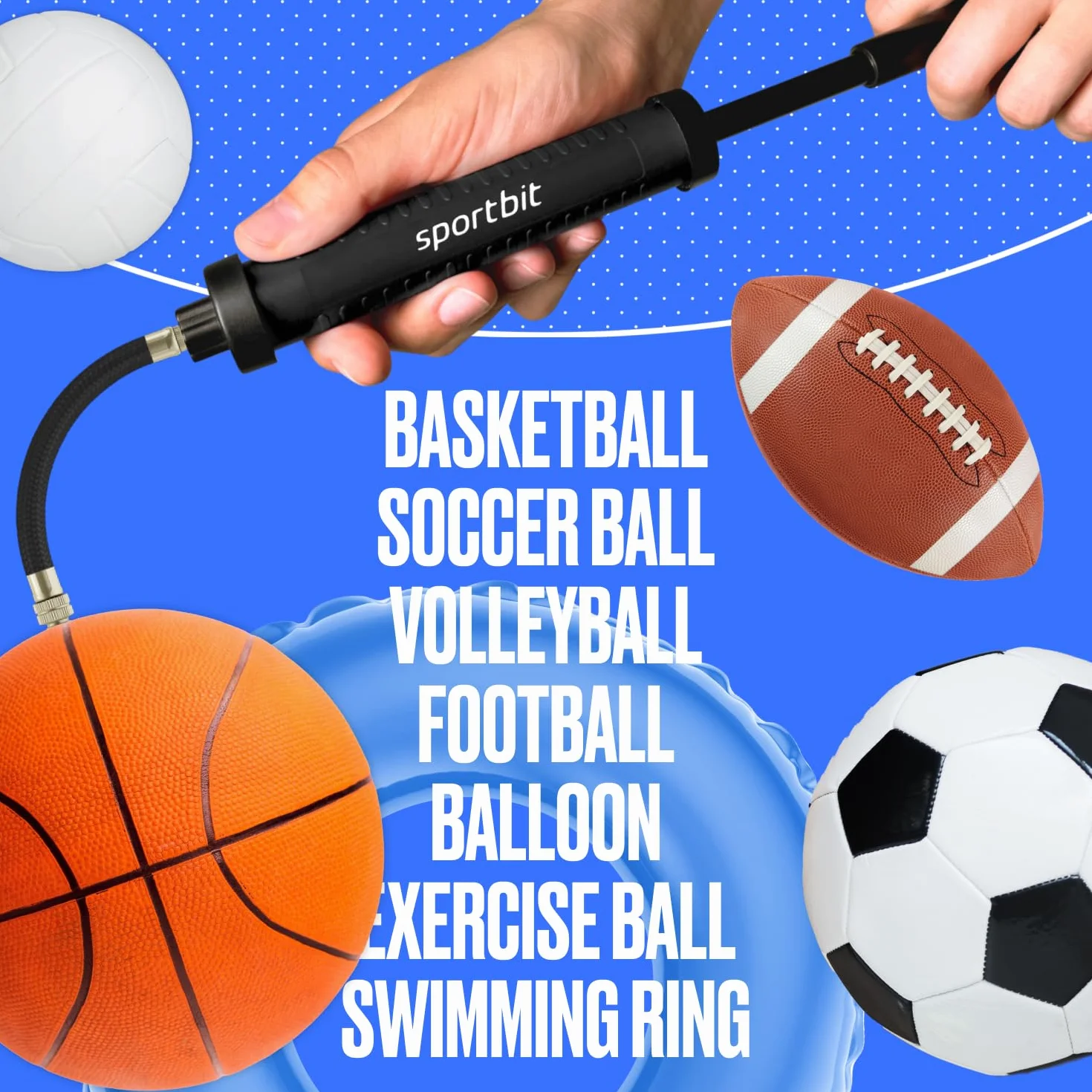 SPORTBIT Pompa a Mano per Palloni Sportivi, Calcio, Basket, Pallavolo, Gonfiabili da Piscina con 3 Aghi, Tubo Flessibile e Custodia
