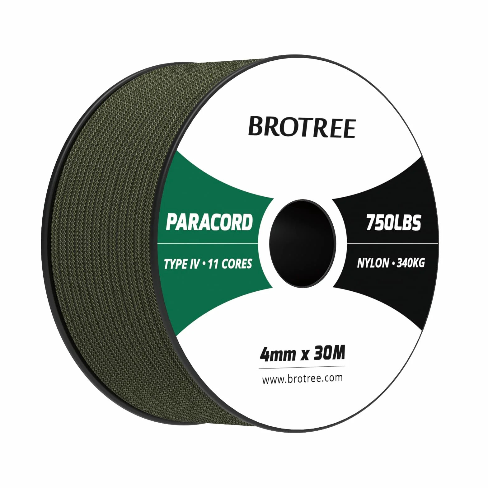 Brotree Paracord 4 mm 750lb Nylon Corda 30 M Tipo IV Esterno Sopravvivenza Fatto a Mano 340 kg Carico di Rottura Verde Militare