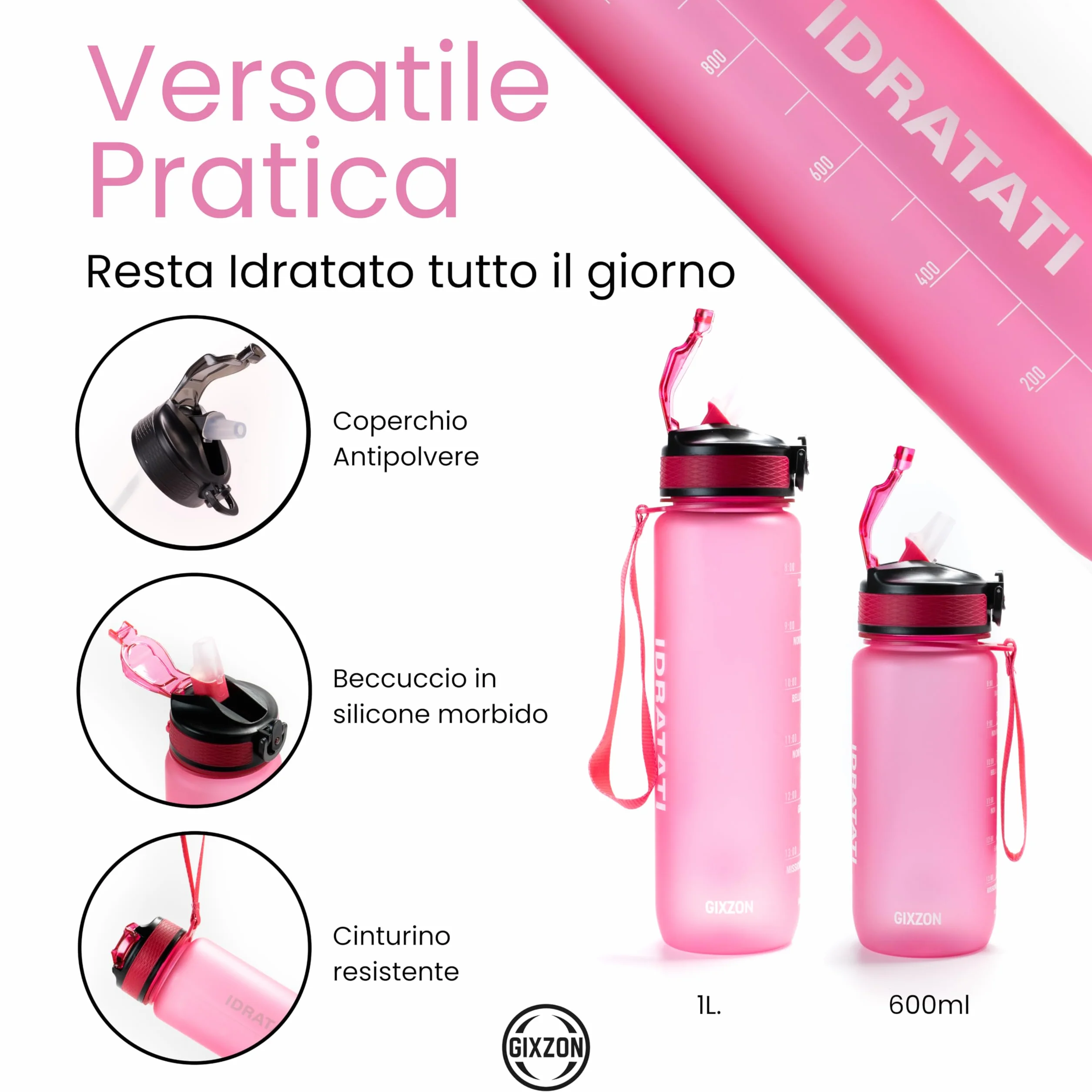 Borraccia Motivazionale 1L Tritan Senza BPA con Frasi e Orari in Italiano, Cannuccia, Tappo Sicurezza per Sport Palestra