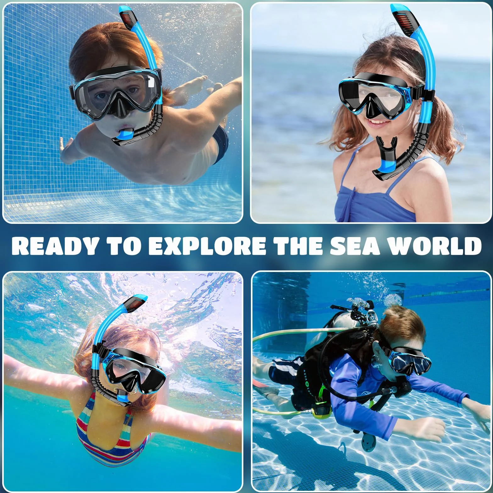 Set da snorkeling per bambini, maschera da immersione panoramica, in vetro temperato, per bambini