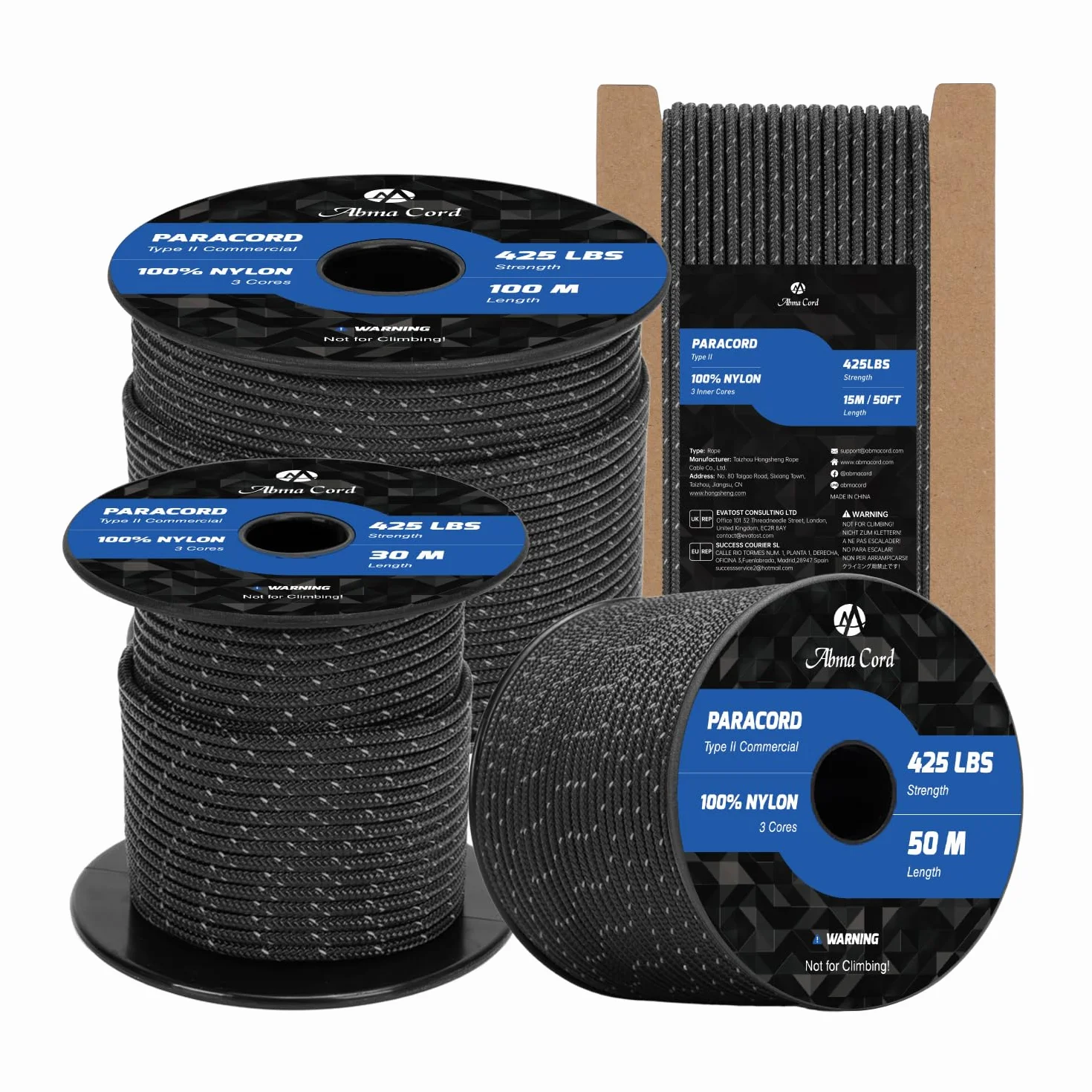 Abma Cord Paracord 3mm 100% Nylon 15m Tipo II 3 Fili Riflettente Nero - Max. 192 kg