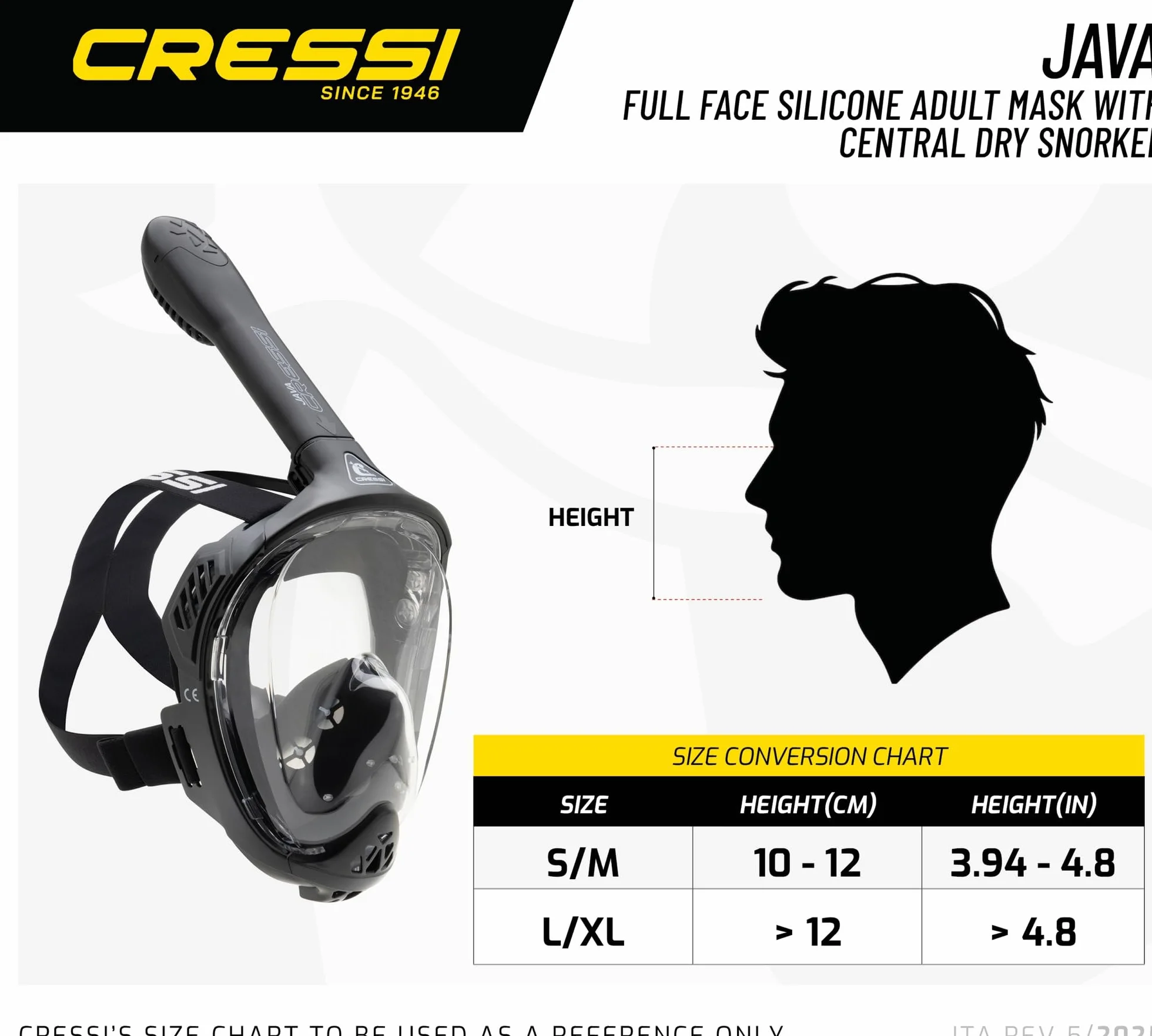 CRESSI Java Full Face Mask - Maschera Snorkeling Integrale Compact Fit, Lente Ultra Chiara Anti Fog, 100% Silicone, Snorkel Dry con Valvole Sicurezza