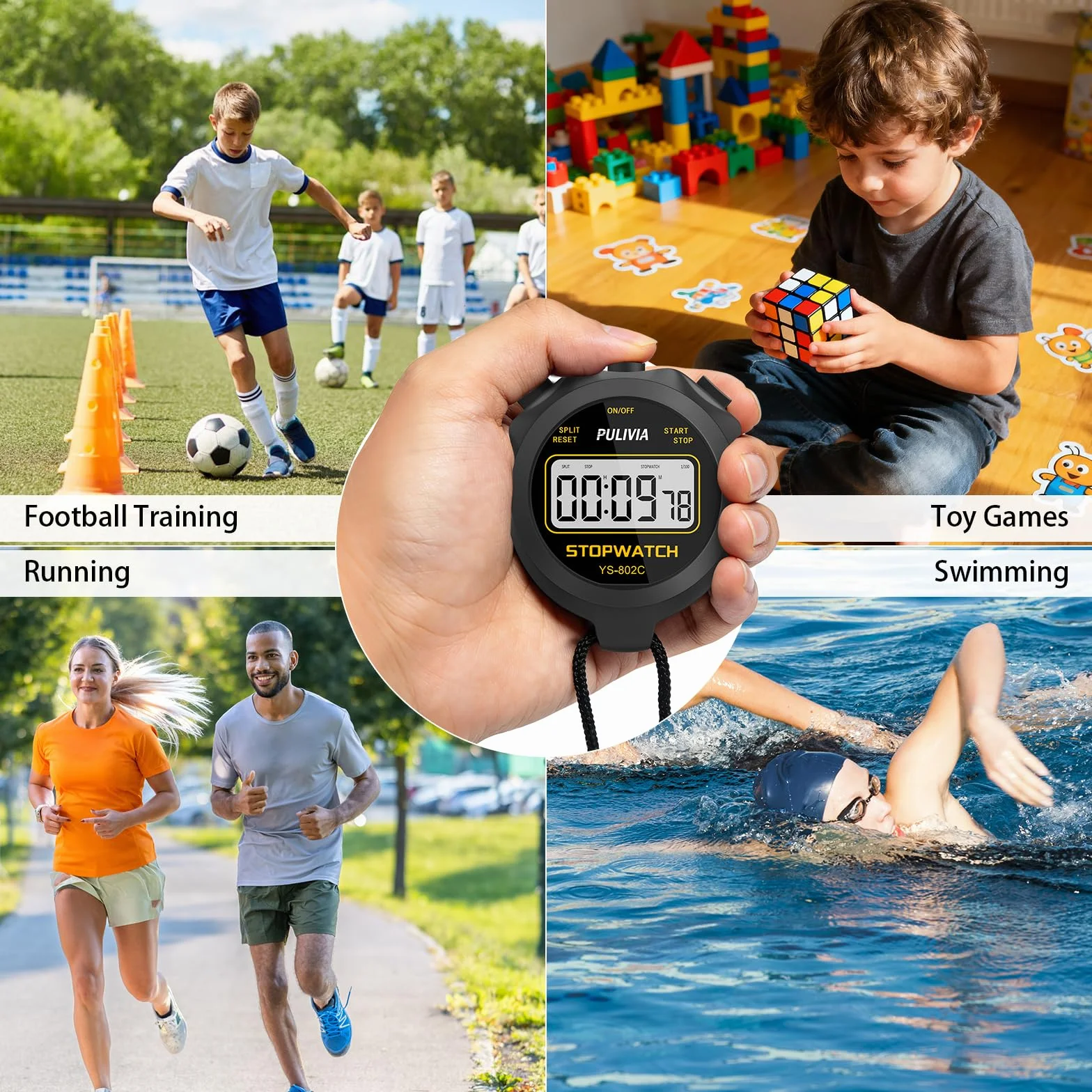 Cronometro Digitale PULIVIA Sportivo con Pulsante Silenzioso ON/OFF per Bambini, Allenatori, Corsa, Nero
