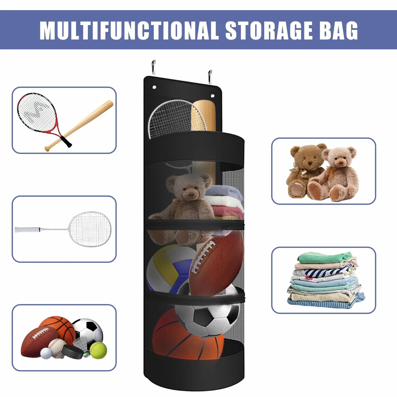 Organizer da appendere sopra la porta, borsa sportiva sospesa con ganci in metallo, supporto per palla, riporre pallacanestro, calcio, pallavolo, tennis, nero