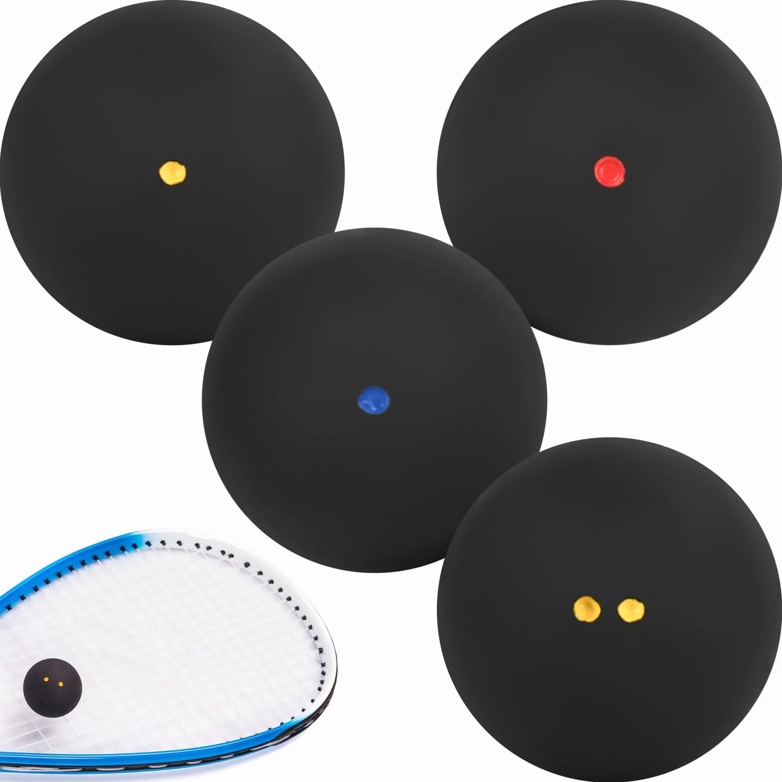 Palline Da Squash Set di 4, Alto Rimbalzo, Doppi Punti Gialli, Singoli Punti Gialli, Rossi, Blu, Per Principianti
