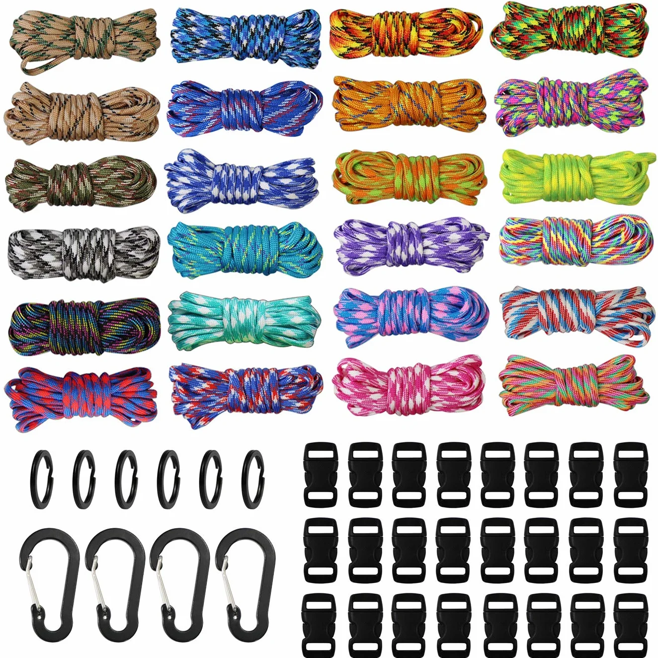 Kit Paracord 240 Piedi 24 Colori con Fibbie, Anelli Portachiavi e Moschettoni per Bracciale Fai da Te, Collare per Cani, Sopravvivenza
