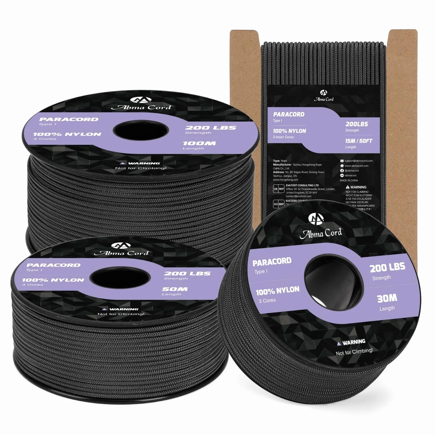 Abma Cord Paracord 2mm 30m Nylon 3 Fili Tipo I Corda per Fai da te Campeggio Attività All'aperto 90kg Nero