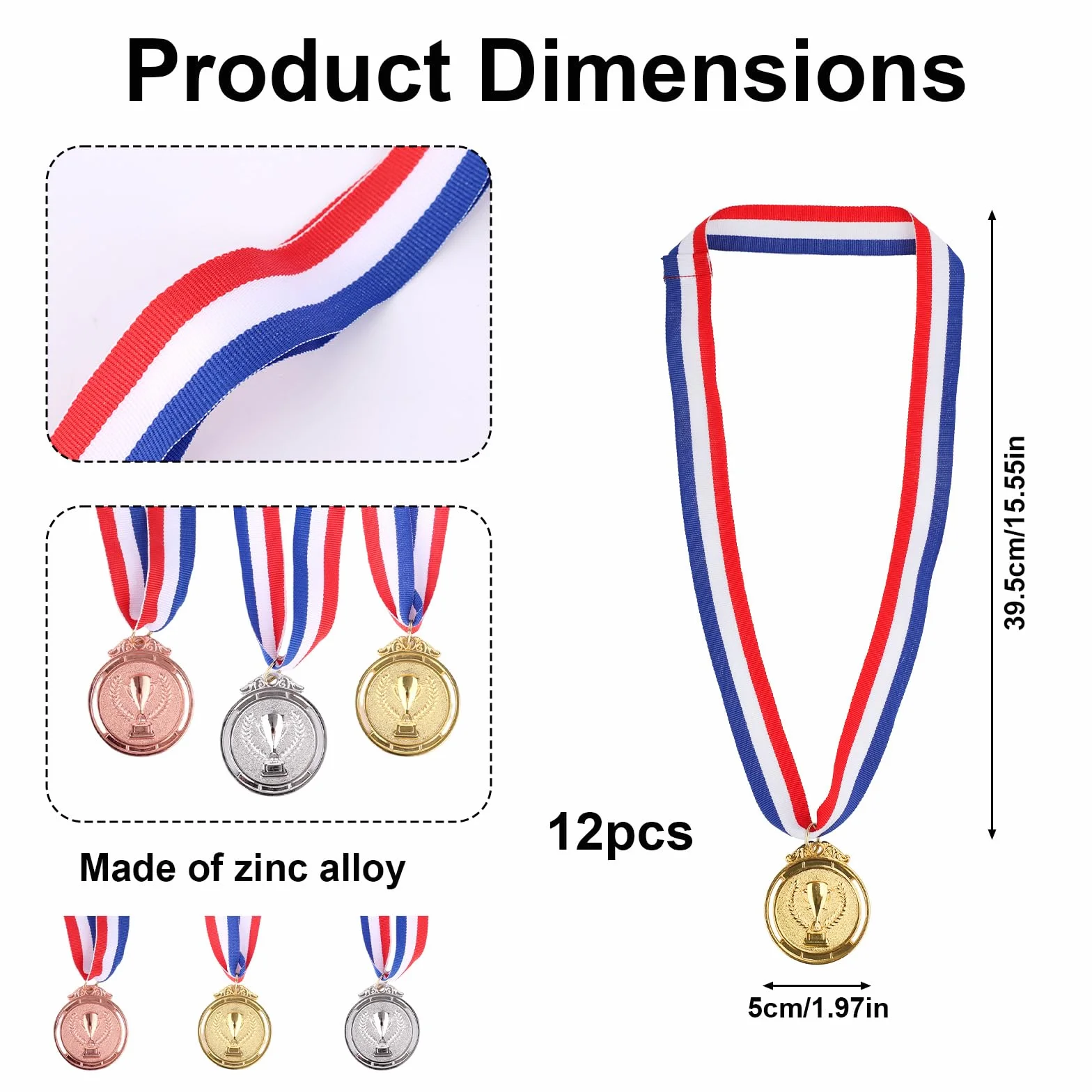 Medaglie Premio Zinco Lega Oro Argento Bronzo 12pz con Nastro da Collo in Poliestere