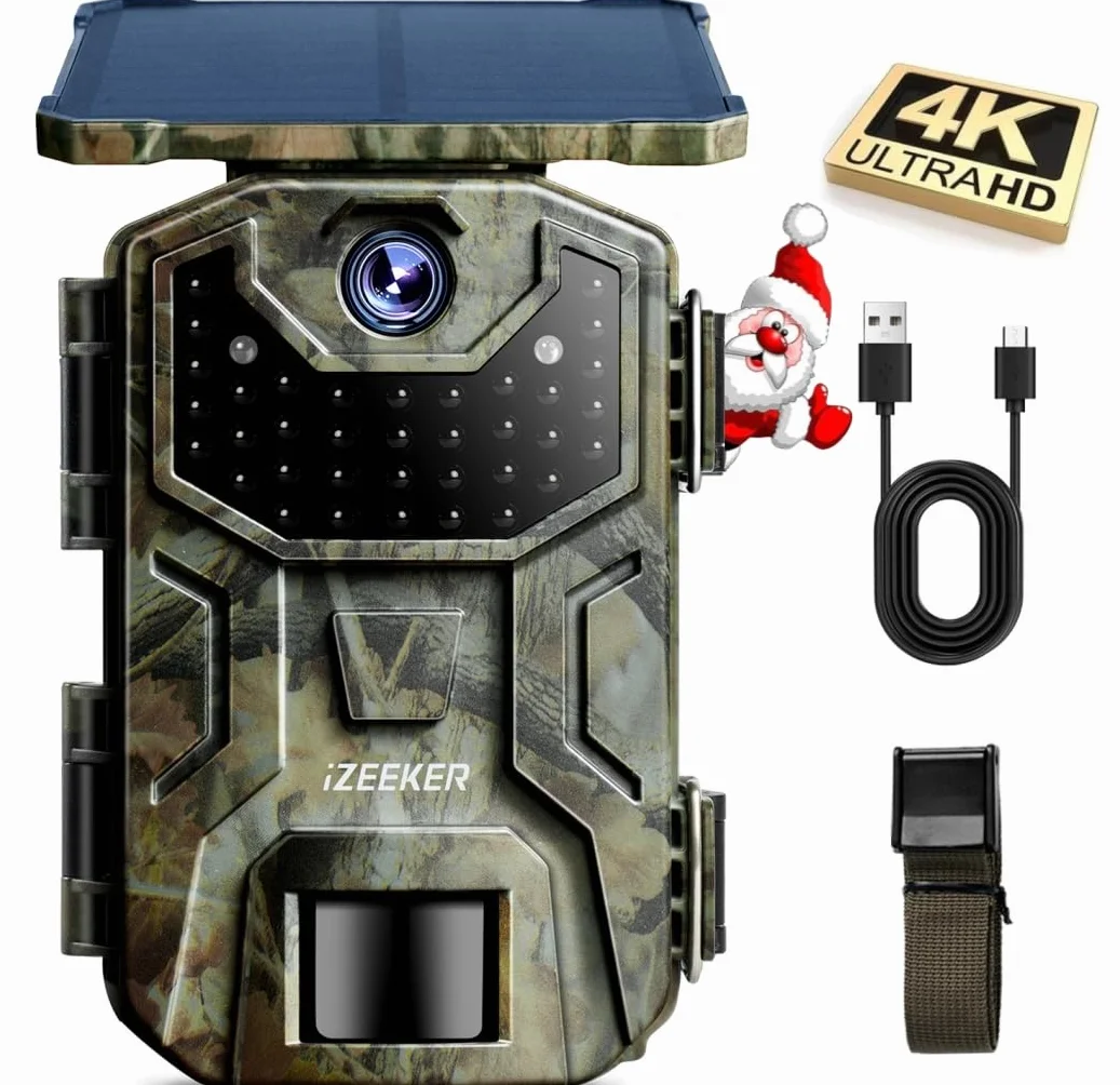 iZEEKER Fototrappola Solare 4K 30fps 48MP Infrarossi LED 850nm Impermeabile IP66 Batteria 2600mAh