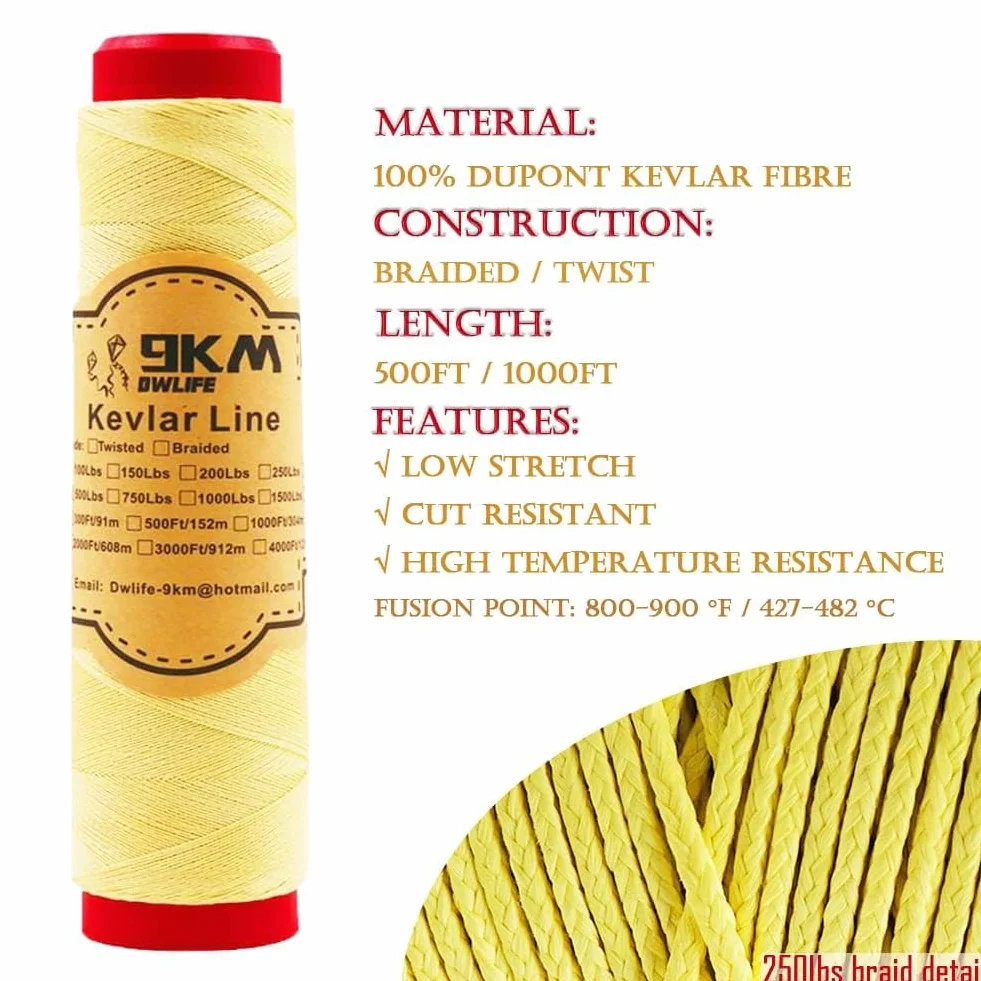 Corda in Kevlar DWLIFE 9KM per Aquilone - Resistente 18-181,4 kg, 152,4-304,8 m, 0,4-1,1 mm