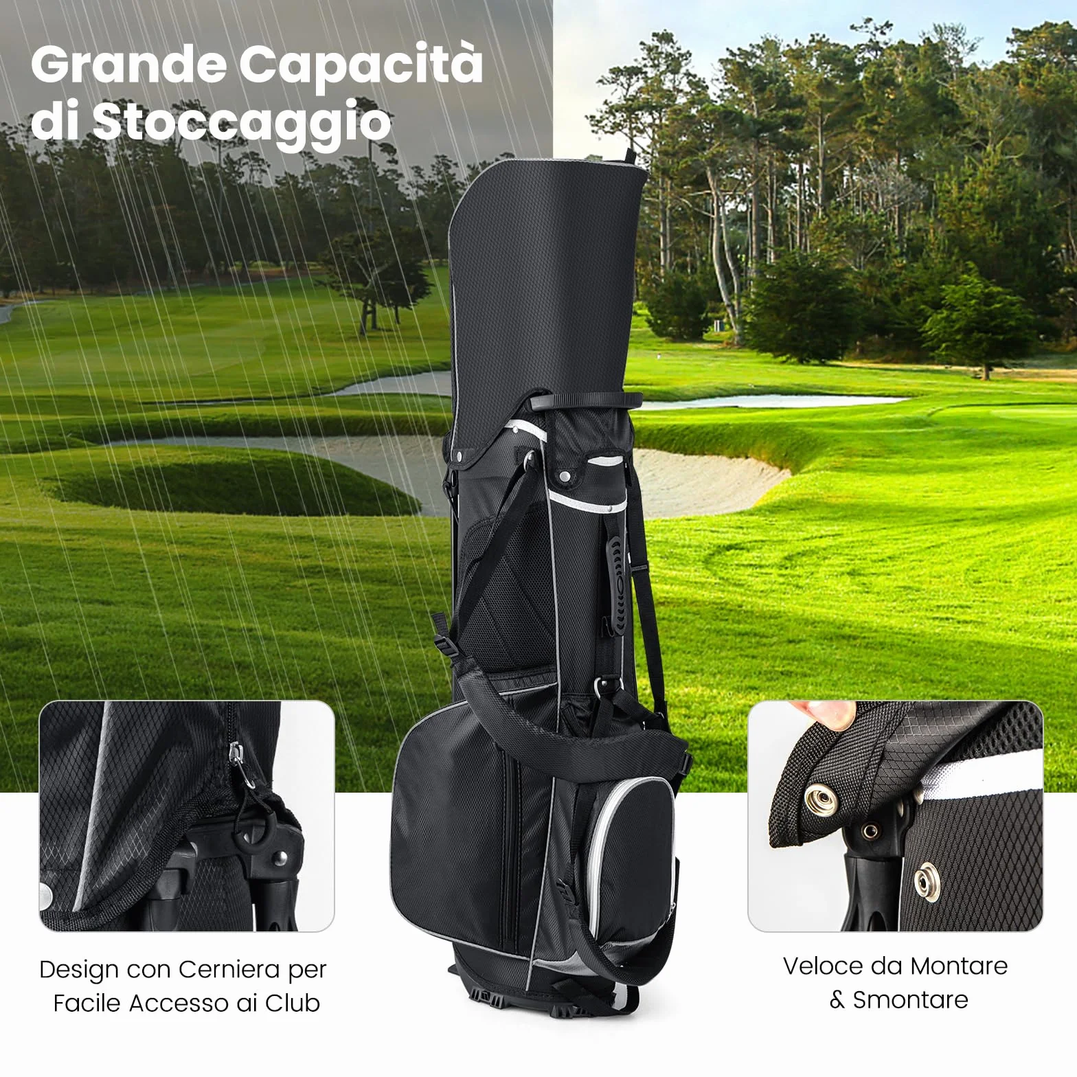 COSTWAY Sacca per Mazze da Golf, Borsa da Golf con Supporto, Divisori a 14 Vie, 6 Tasche, Borsa Frigo, Doppia Tracolla e Cappuccio Antipioggia, Ideale per Uomini e Donne