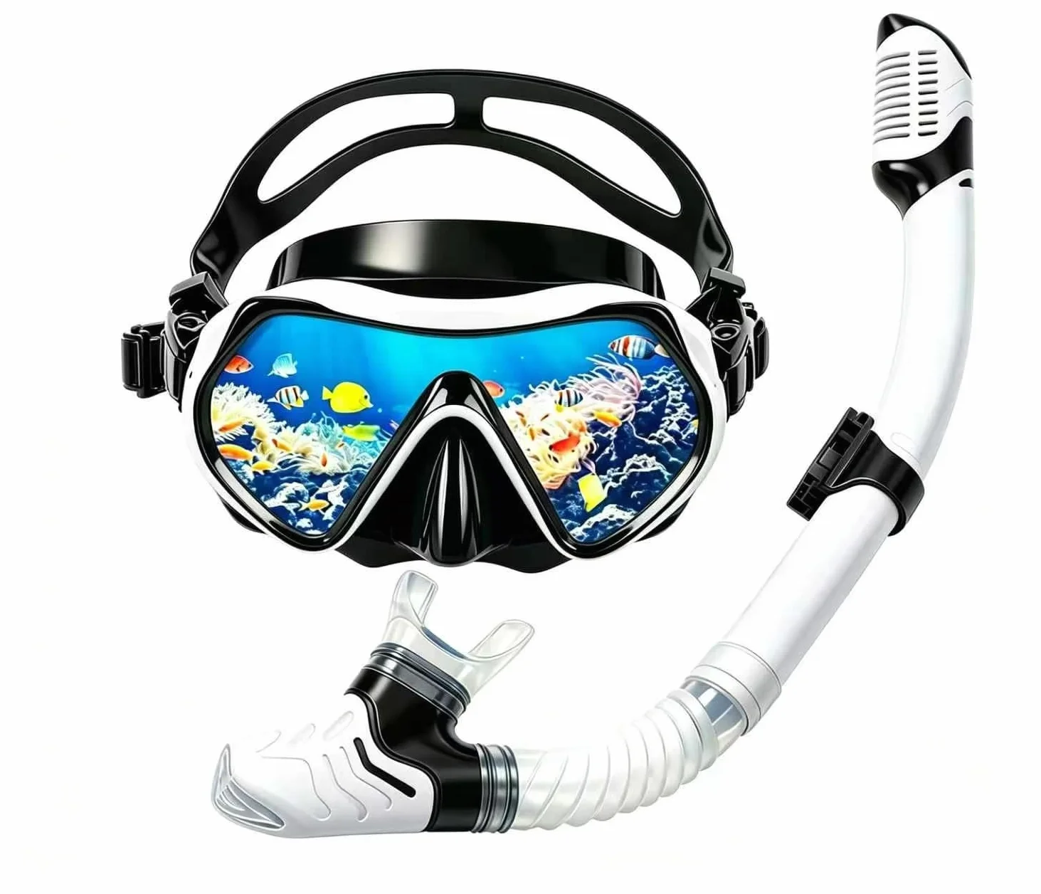 Maschera Subacquea Anti-Appannamento 180° Panoramica con Boccaglio Asciutto in Vetro Temperato per Immersioni