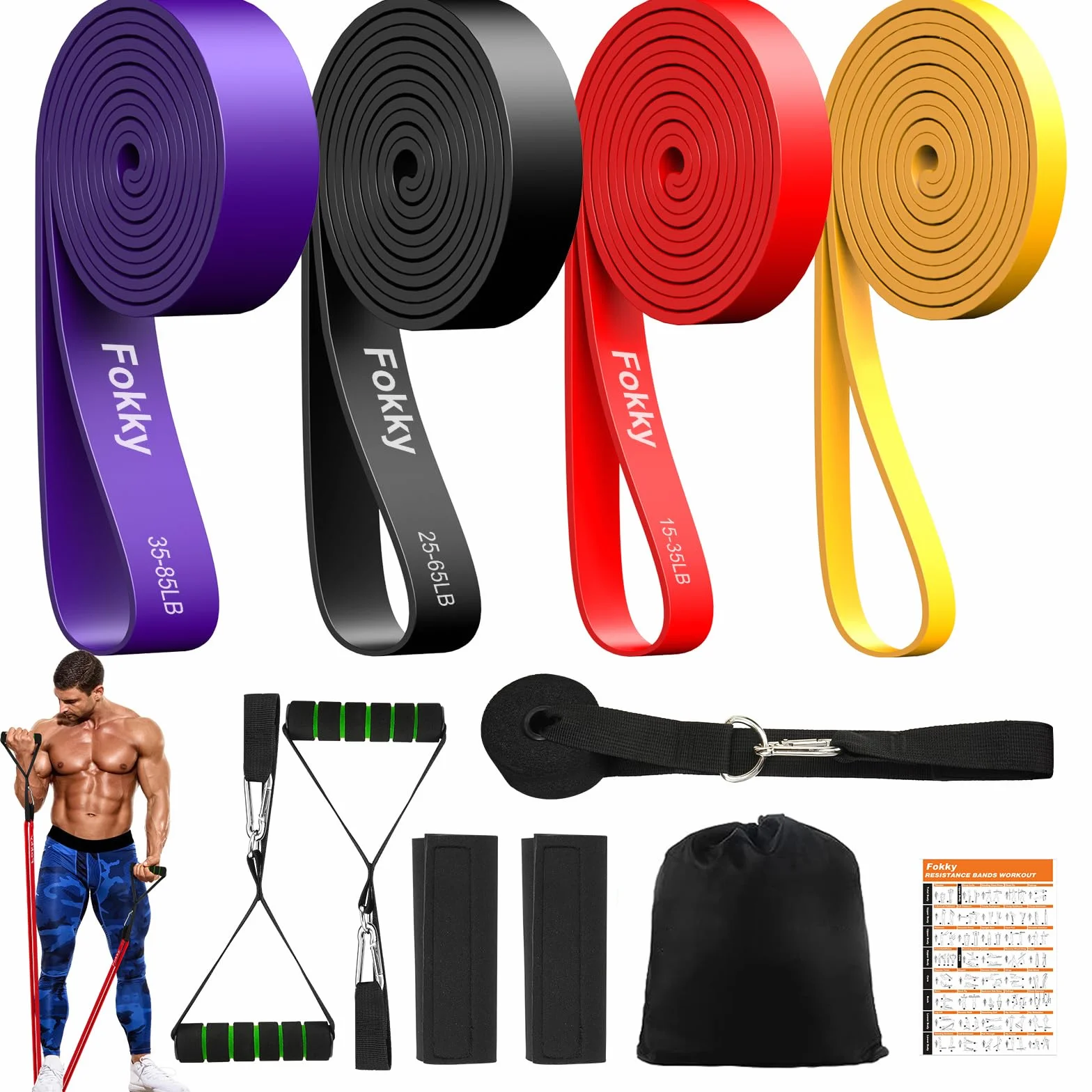 Fokky Elastici Fitness 4 Livelli Resistenza con Ancoraggio Porta, Maniglie e Cover Protettiva