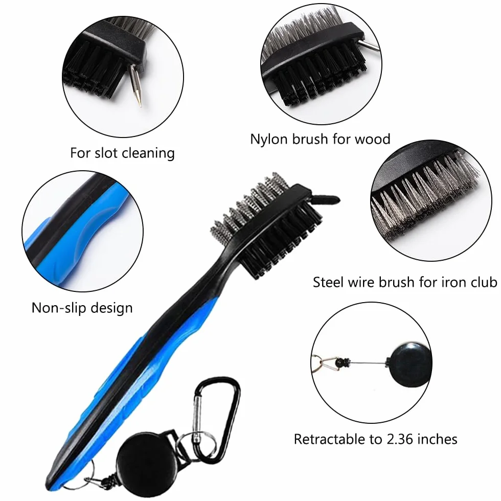 Golf Groove Cleaner U V Attrezzi da Pulizia per Mazze 3 Pezzi con Moschettone Retrattile