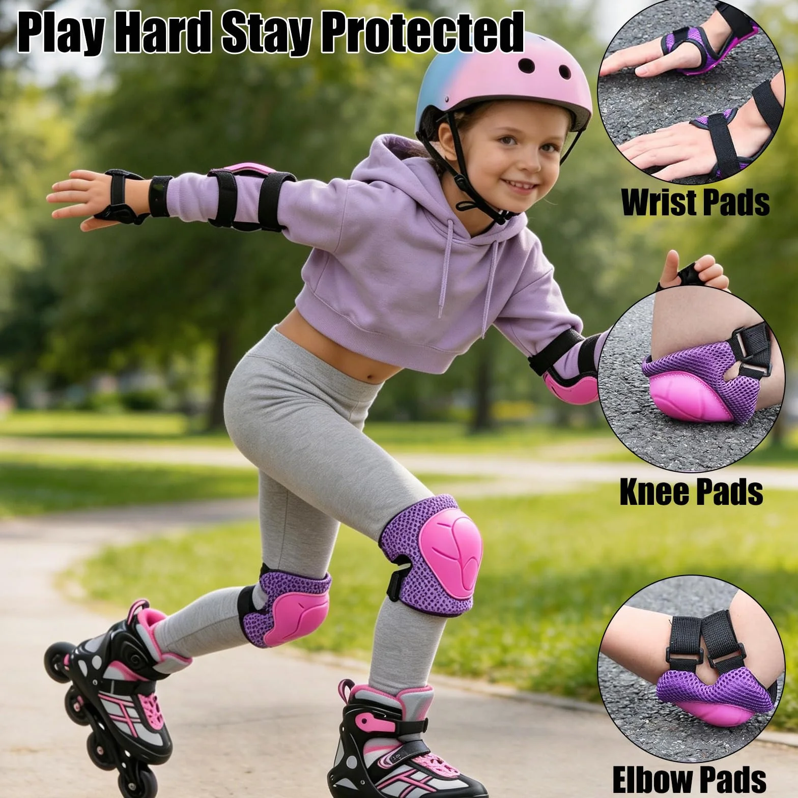 Kit Protezione Bambini 6 in 1, Ginocchiere Gomitiere Polsiere Regolabile, Attrezzatura Protettiva per Skateboard Pattinaggio Scooter Bicicletta