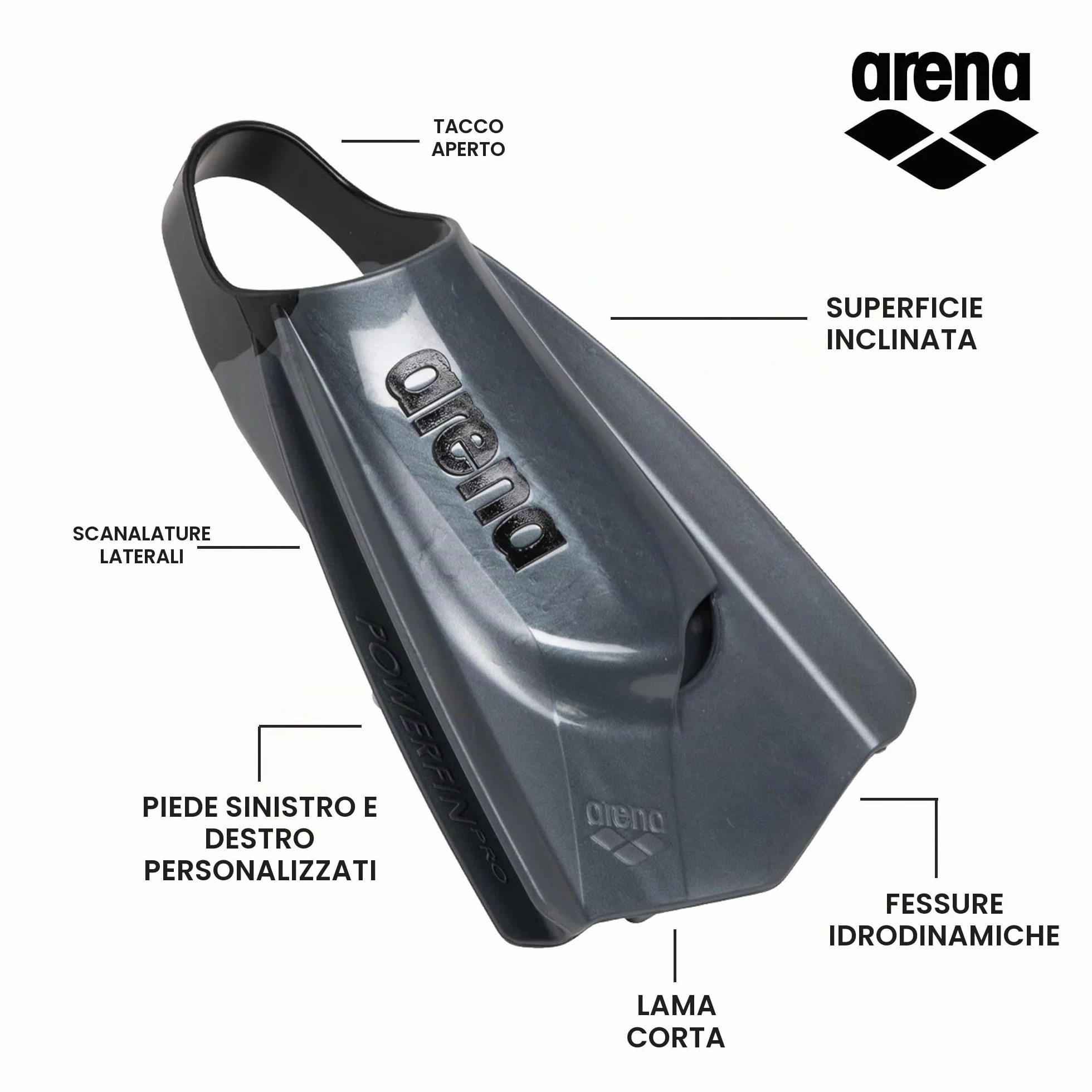 Arena Powerfin PRO II, Pinne Unisex per Adulti, in Silicone, a Lama Corta, Piede Destro/Sinistro Personalizzabile, Misure: 36,5-47,5