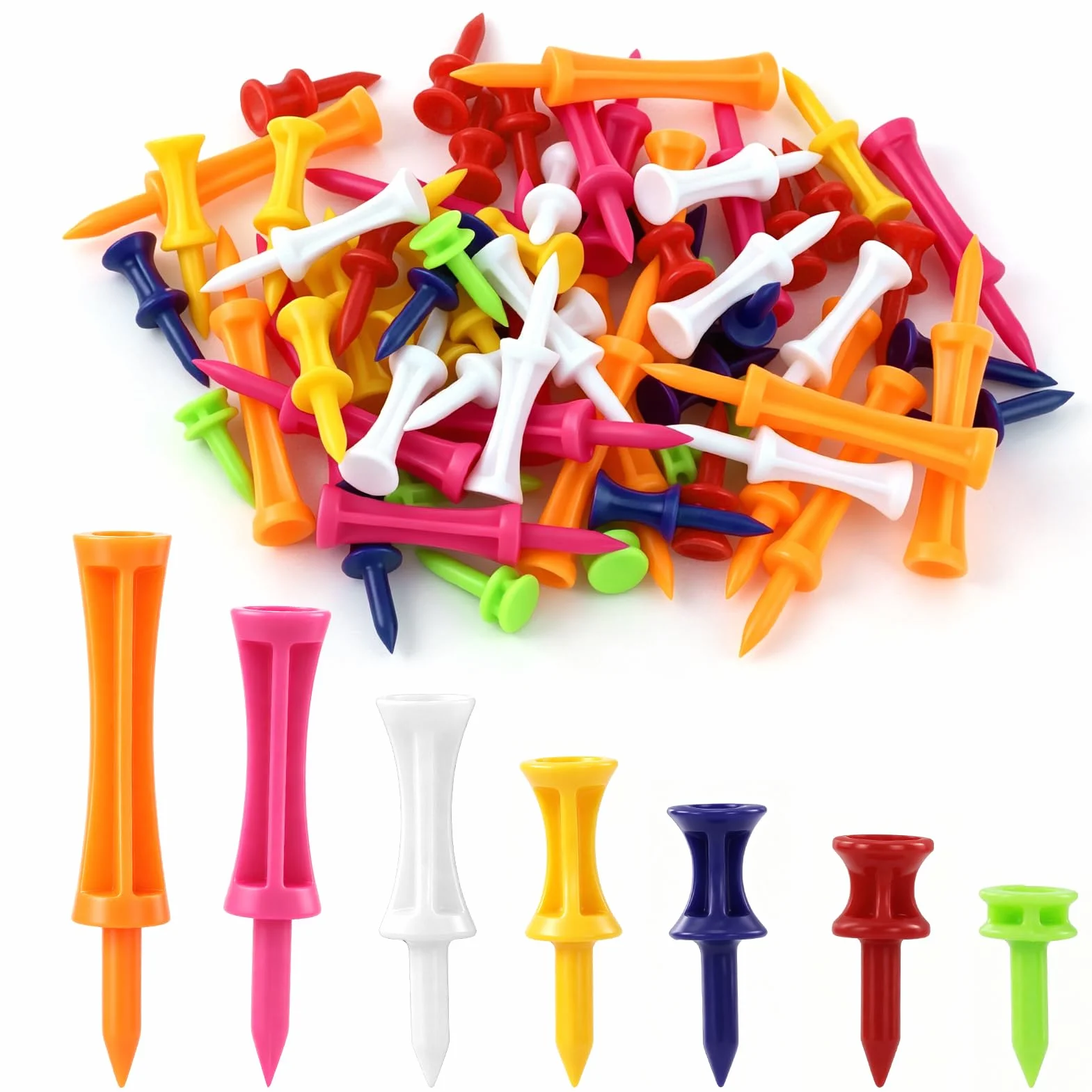 SZXMDKH Tee da golf in plastica, 70 pezzi di dimensioni miste, tee da golf resistenti per l'inverno, piccoli tee da castello in diversi colori (5 mm, 32 mm, 39 mm, 45 mm, 51 mm, 59 mm, 70 mm)