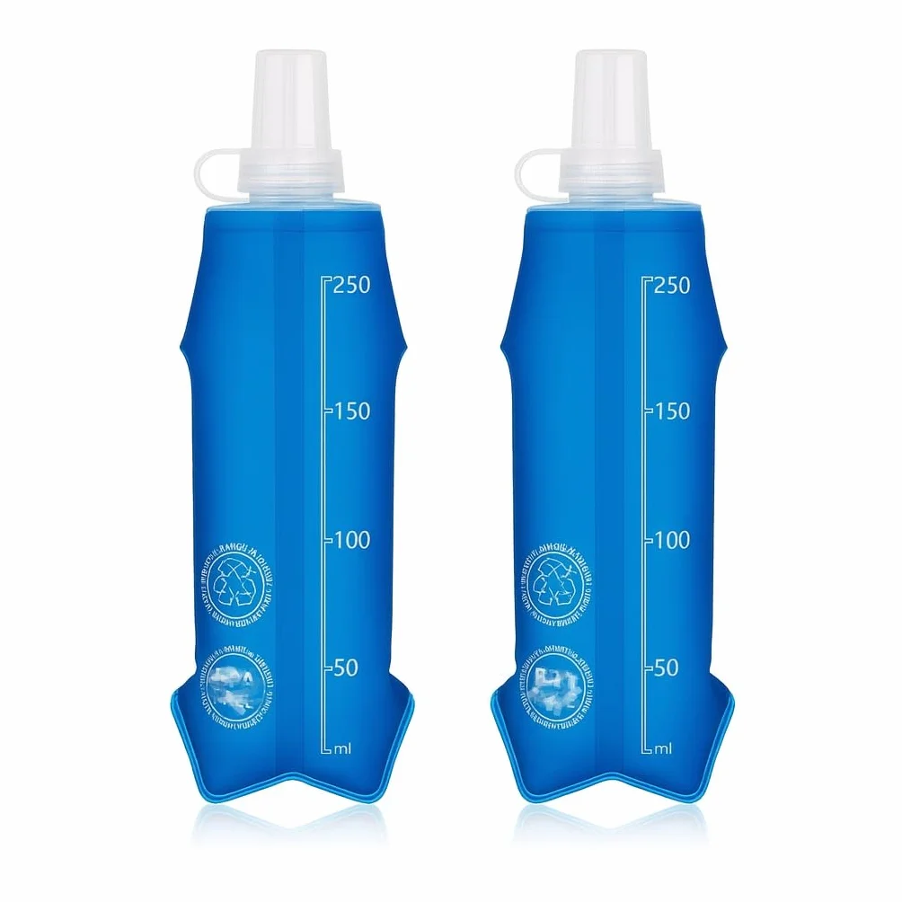 Set 2 Borracce Pieghevoli in Silicone da 250ml, Borraccia Morbida Ultraleggera con Moschettone per Campeggio, Trekking, Sport Outdoor