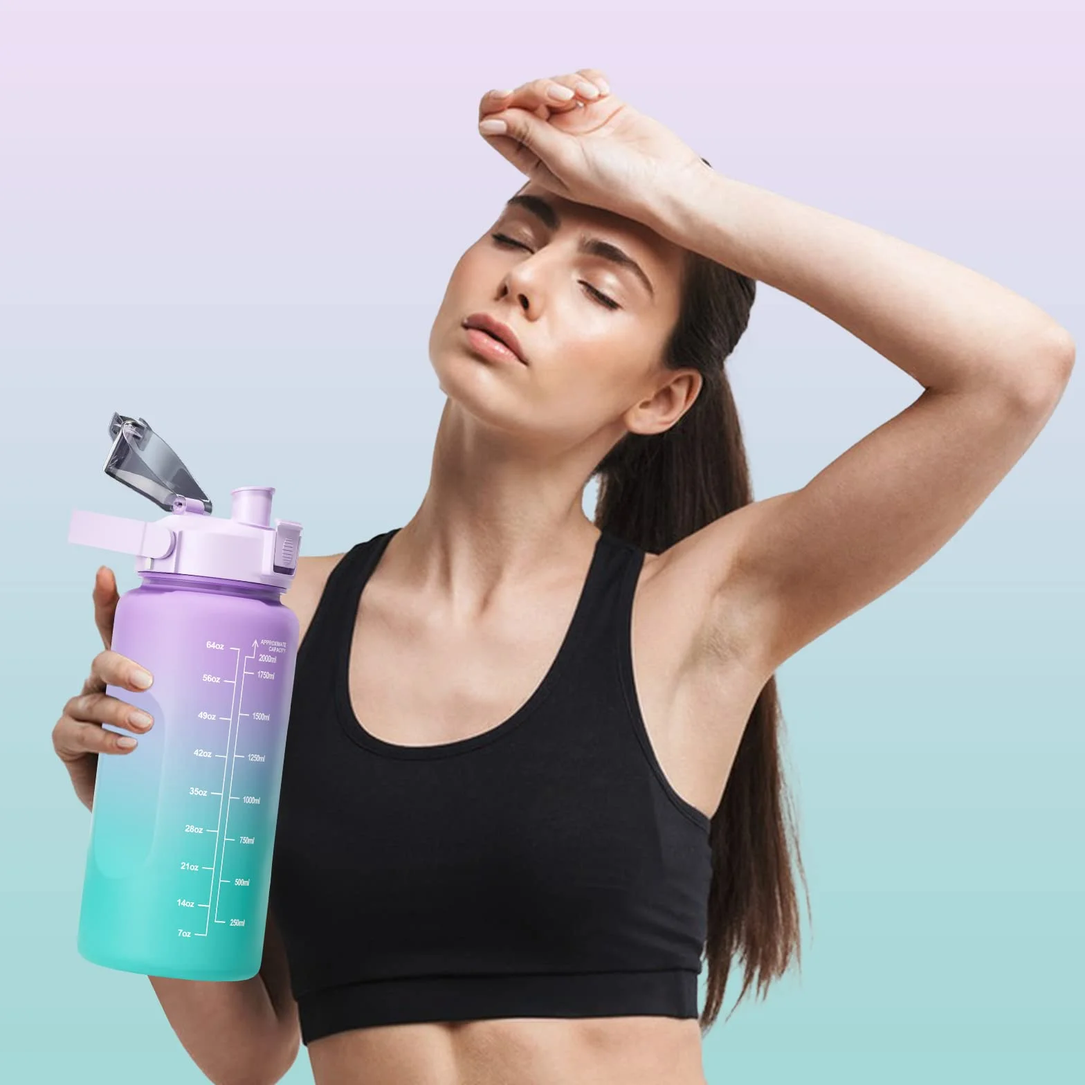 Borraccia Sportiva 2L con Cannuccia, Senza BPA, Graduata, per Palestra Yoga Campeggio (Viola)