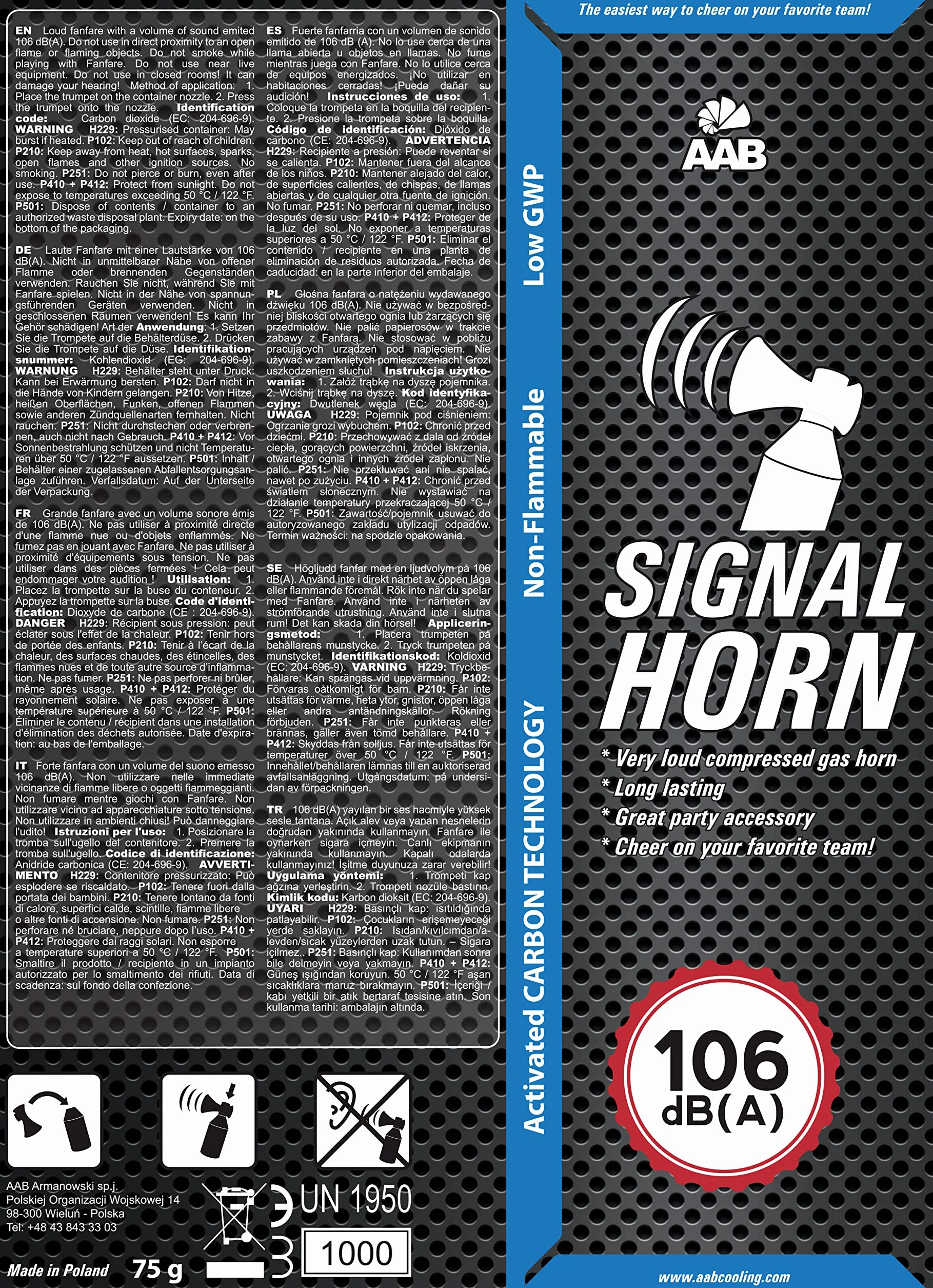 AABCOOLING Signal Horn Trombetta da Stadio ad Aria Compressa con Gas Non Infiammabile, Fino a 320 Segnali Brevi Segnalatore Acustico Molto Rumorosa Trombe Stadio Ideale per Feste Gas Trombetta