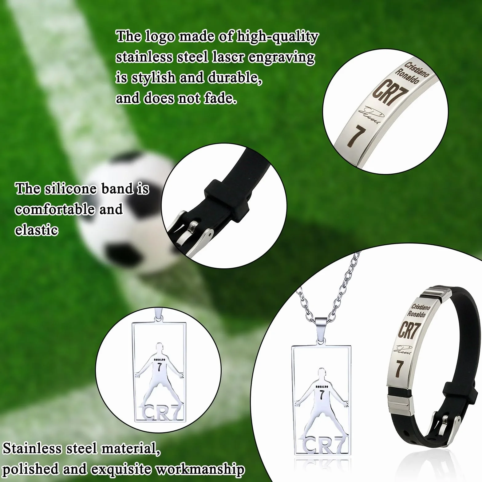 Braccialetto con ciondolo a forma di stella del calcio CR7, regolabile, acciaio inox e silicone