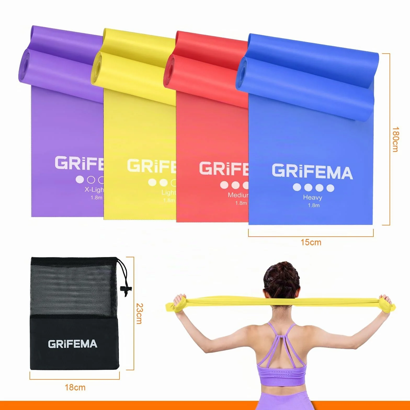 GRIFEMA GA5002 Fasce elastiche fitness set da 4 1,8 m 4 livelli di resistenza per allenamento forza yoga pilates