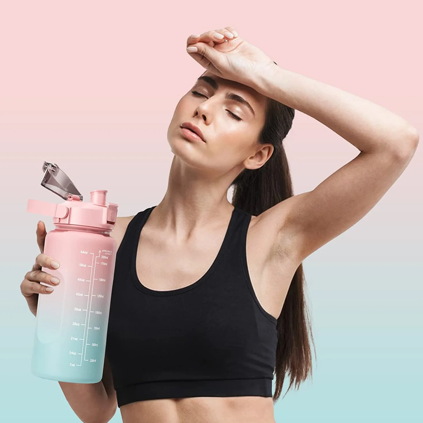 Borraccia con Cannuccia 2 Litro Sportiva Senza BPA, Indicazioni Graduate, Rosa