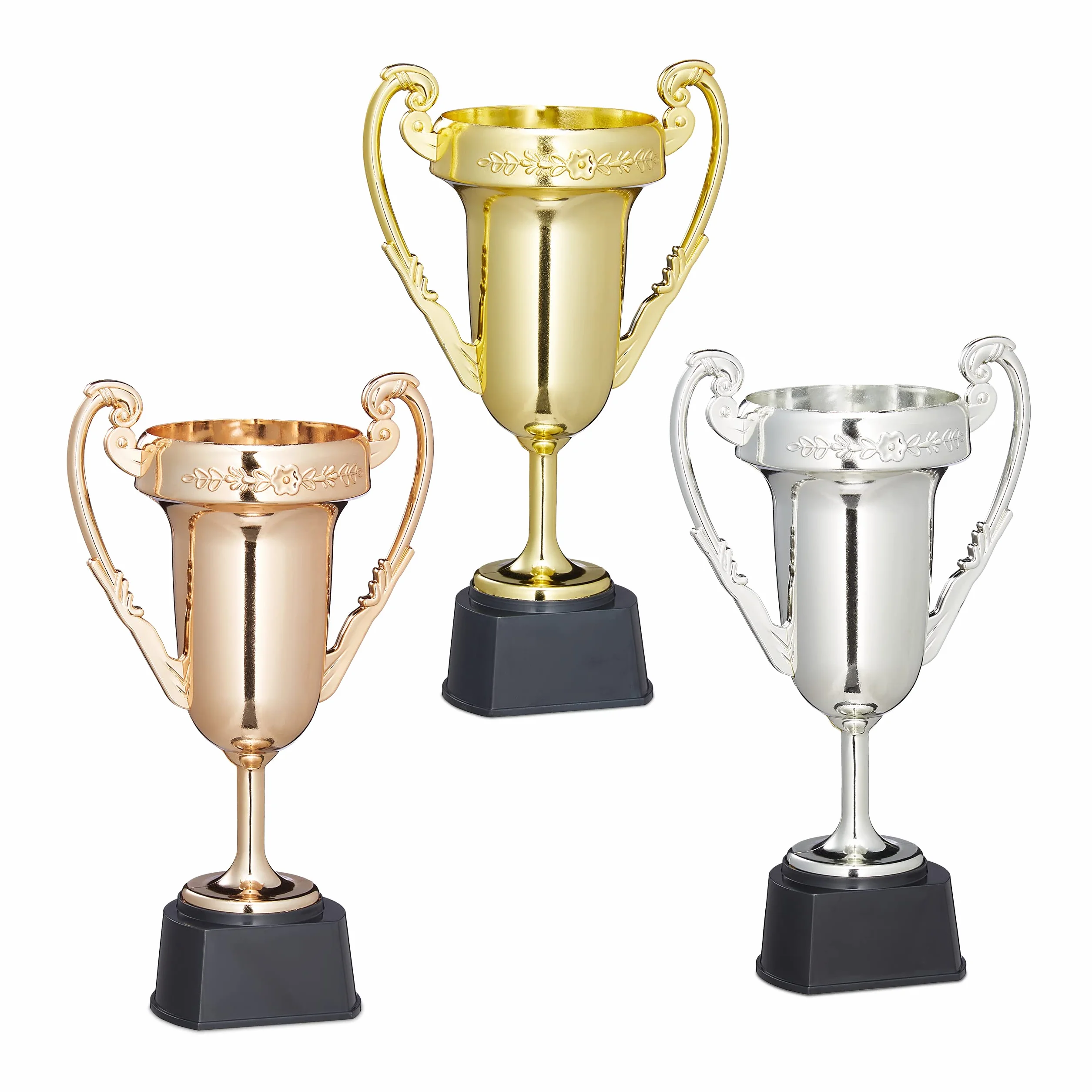 Relaxdays Coppa Sport e Feste 3 Pezzi Oro Argento Bronzo Plastica 22,5 x 13,5 x 8,5 cm
