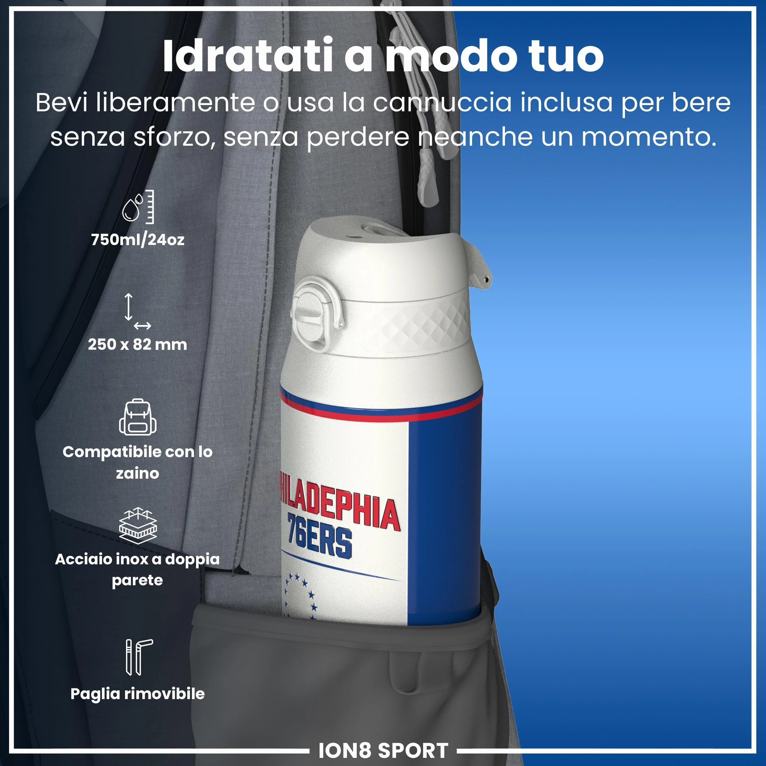 Ion8 NBA Borraccia, a Prova di Perdite, Facile da Aprire, Serratura Sicura, Lavabile in Lavastoviglie, Maniglia per il Trasporto, Facile Pulizia