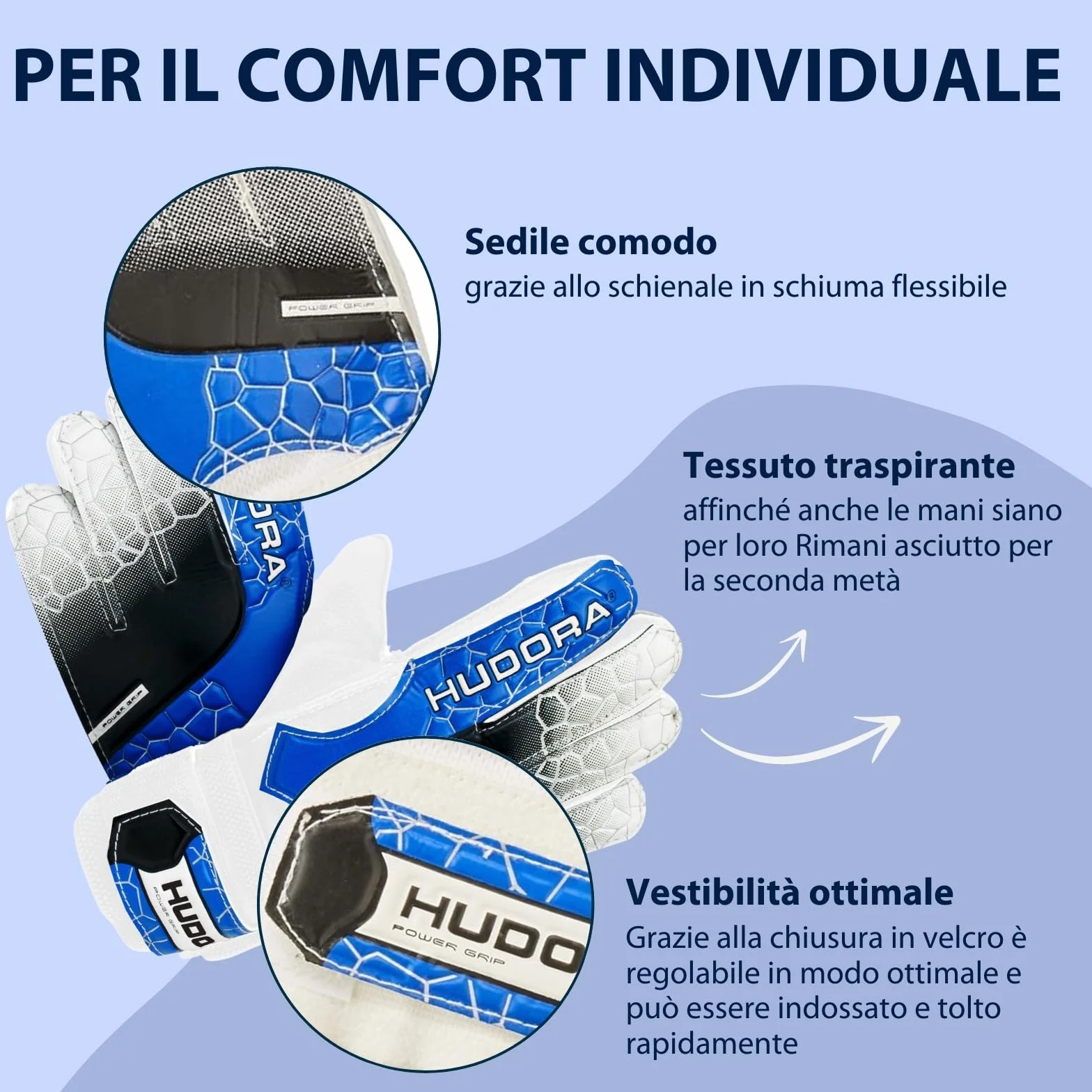 Hudora Guanti da Portiere Imbottiti per Bambini e Adulti, Misura S/M, Dorso in Gommapiuma, Chiusura con Velcro - Calcio, Blu