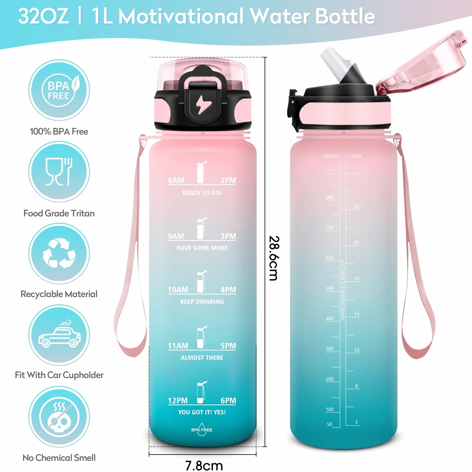 Borraccia con Cannuccia 1 Litro BPA Free Motivazionale Bocca Larga Antigoccia Bottiglia Acqua Palestra