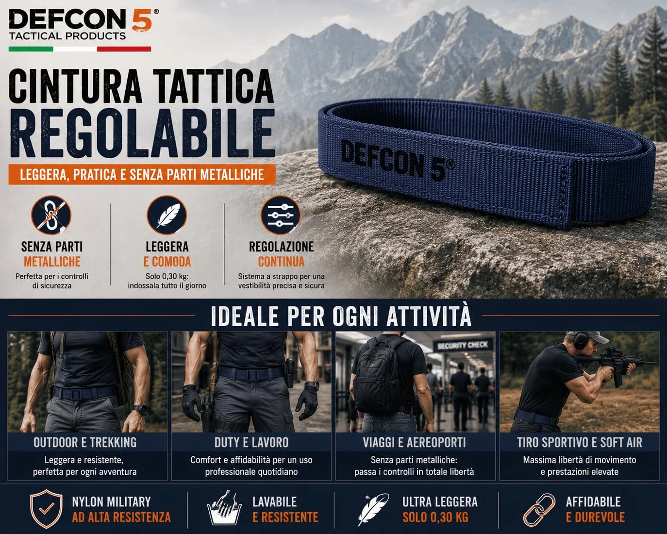 Defcon 5 cintura in nylon regolabile con chiusura a strappo modello D5-BE/VE NB Blue Navy