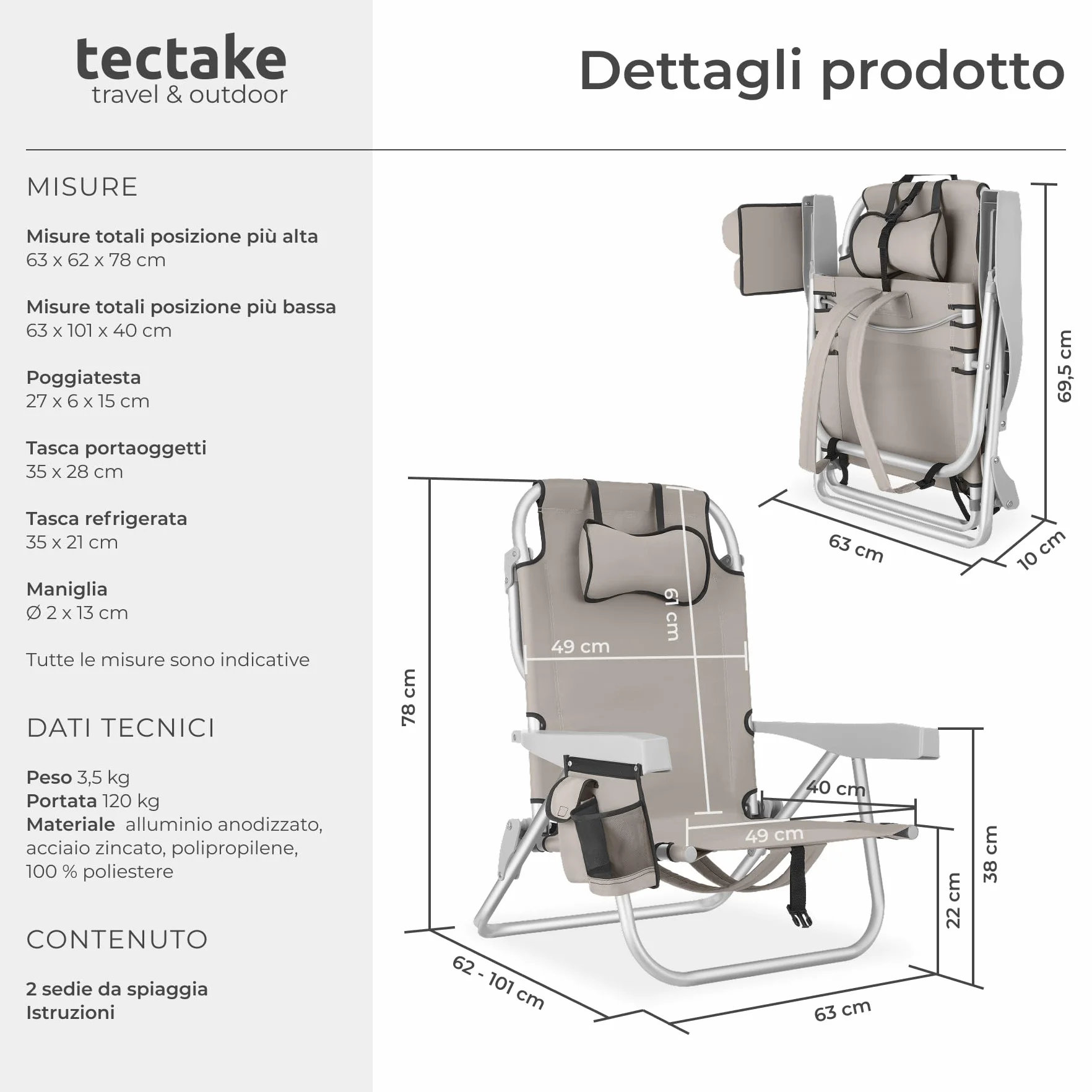 tectake® 2 Sedia da Spiaggia Pieghevole Funzione Zaino, Telaio Alluminio, Schienale Regolabile, Beige