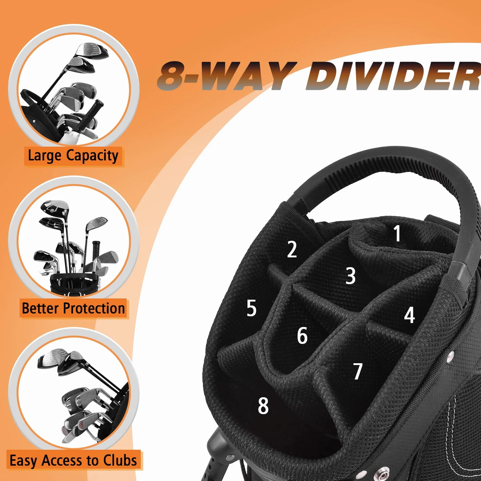 LIFEZEAL Borsa Porta Mazze da Golf da 9 Pollici, Sacche con Cavalletto, Supporto con 8 Scomparti e 3 Tubi in Fibra, Leggera e Durevole 2,3 kg per Golfisti di Ogni Livello, 28 x 21 x 89,5 cm
