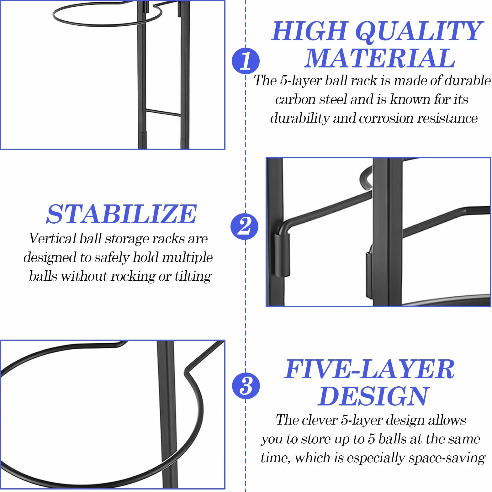 Set di 5 Supporti per Palloni Rimovibili in Metallo - Stoccaggio Verticale Stabile per Basket, Calcio, Pallavolo (Nero)