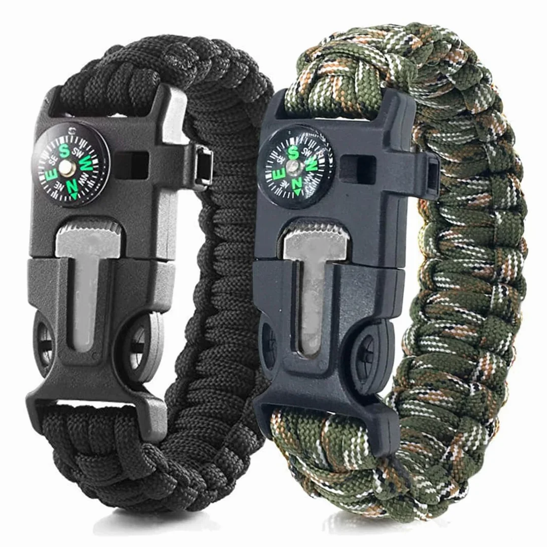 Paracord Braccialetto Sopravvivenza Regolabile Kit con Flint Bussola Termometro per Escursionismo Campeggio Emergenza 2PCS