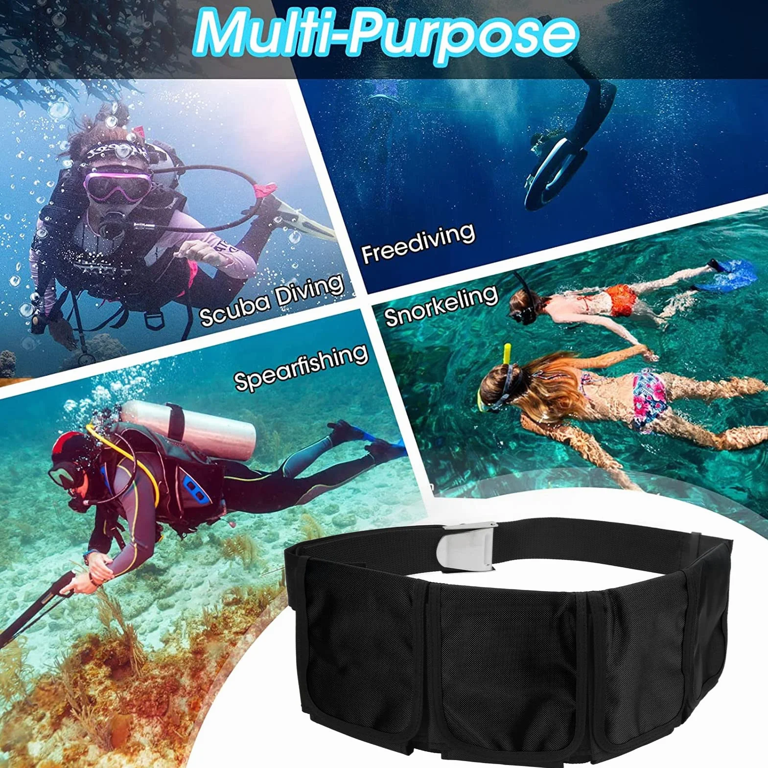 Cintura per Pesi da Sub Regolabile con Fibbia a Sgancio Rapido e 4 Tasche per Immersioni, Snorkeling, Apnea (Nero)