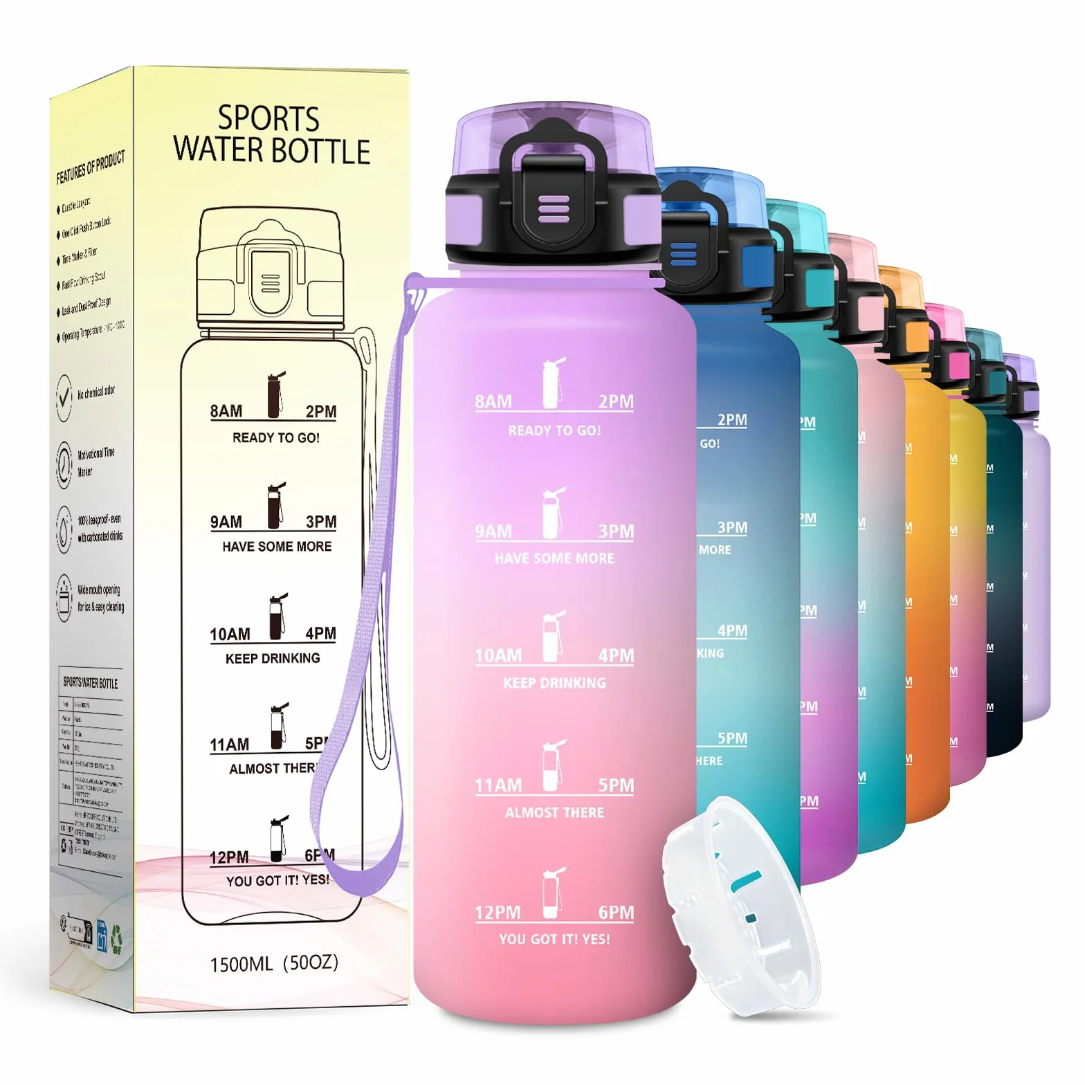 Borraccia Sport 1,5L con Filtro Senza Perdite e Indicatore del Tempo per Campeggio, Viaggio, Gym