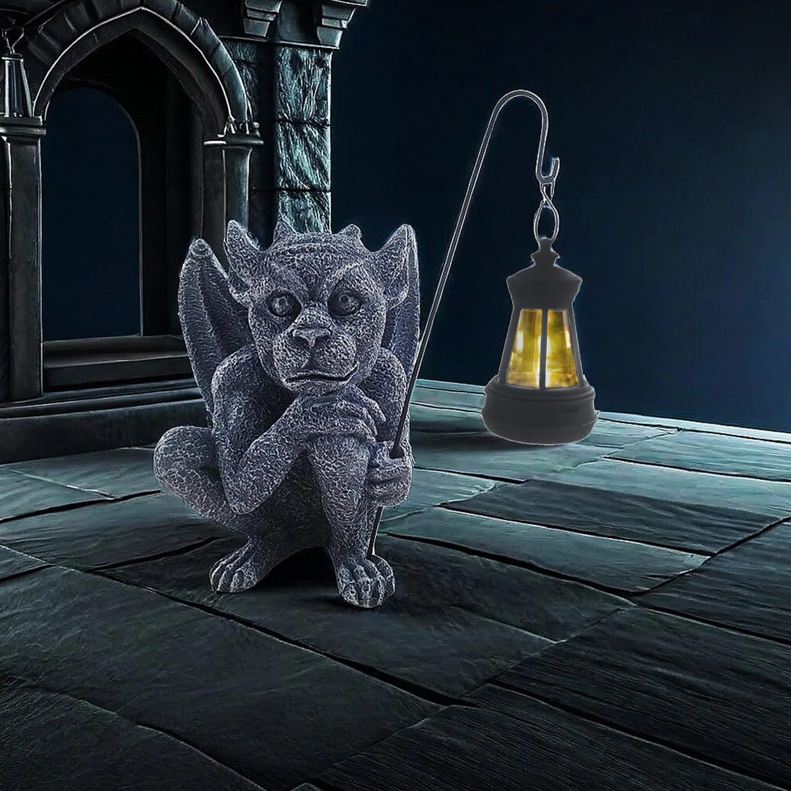 BestAlice Statua del Gargoyle, Statuetta Scultura del Guardiano del Giardino con Luce, Statua Gotica per Interni Ed Esterni da Giardino, Statua della Decorazione Gotica del