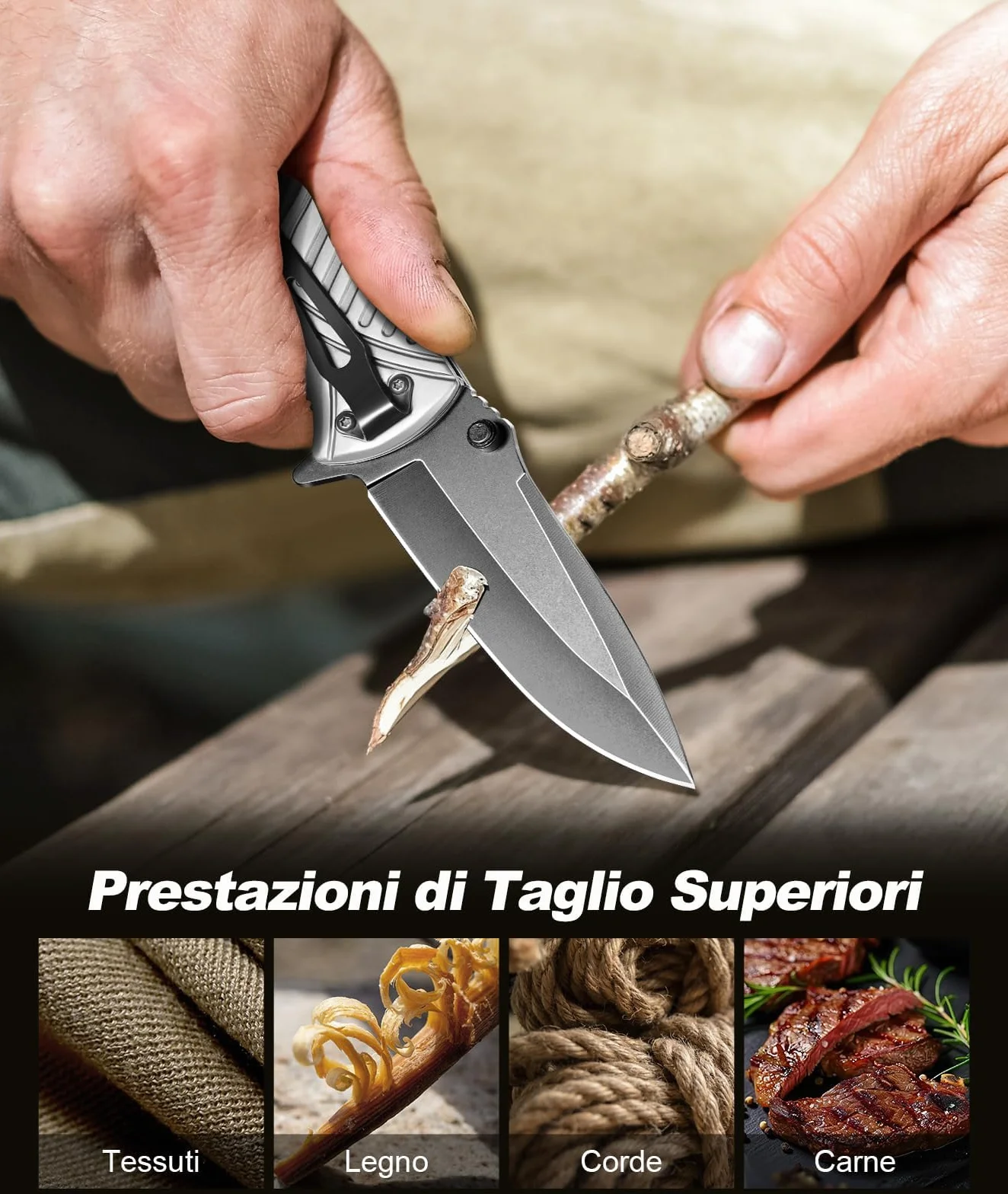 ISEYOU Coltello da Caccia Lama Acciaio Inossidabile 3Cr13 Rivestimento Titanio Portatile Clip Tasca Multifunzione