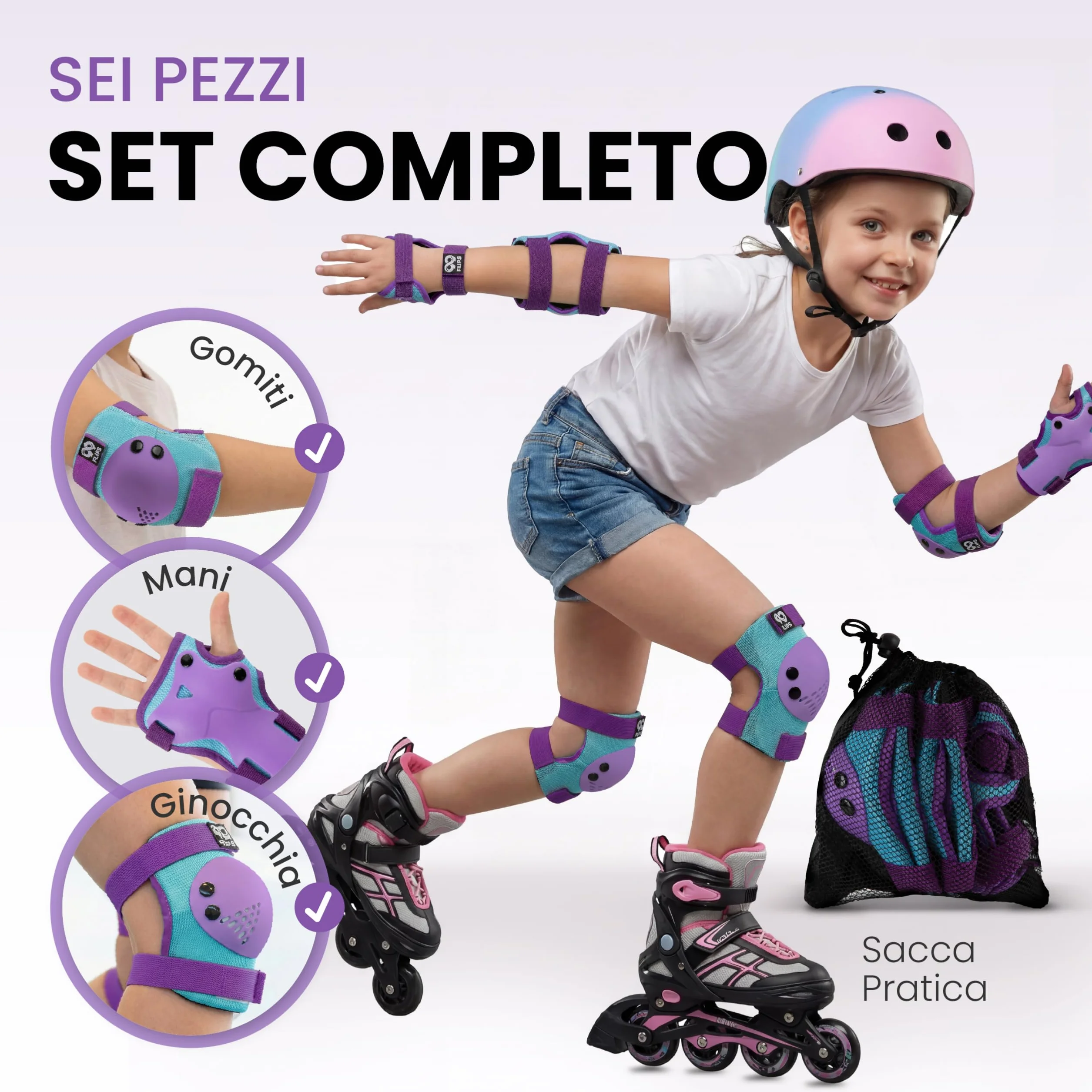 Protezioni Pattini Bambina 3-12 Anni - Ginocchiere, Gomitiere e Protezioni Mani Set da 6 Pezzi per Skateboard, Monopattini e Pattini a Rotelle