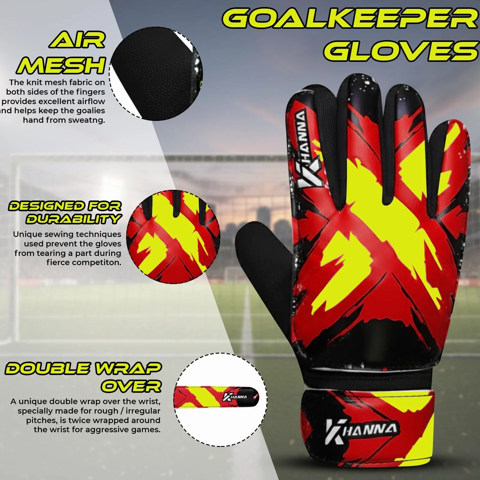 khanna Guanti da Portiere Calcio 4mm Palmi ad Alta Presa Traspirante Doppio Supporto