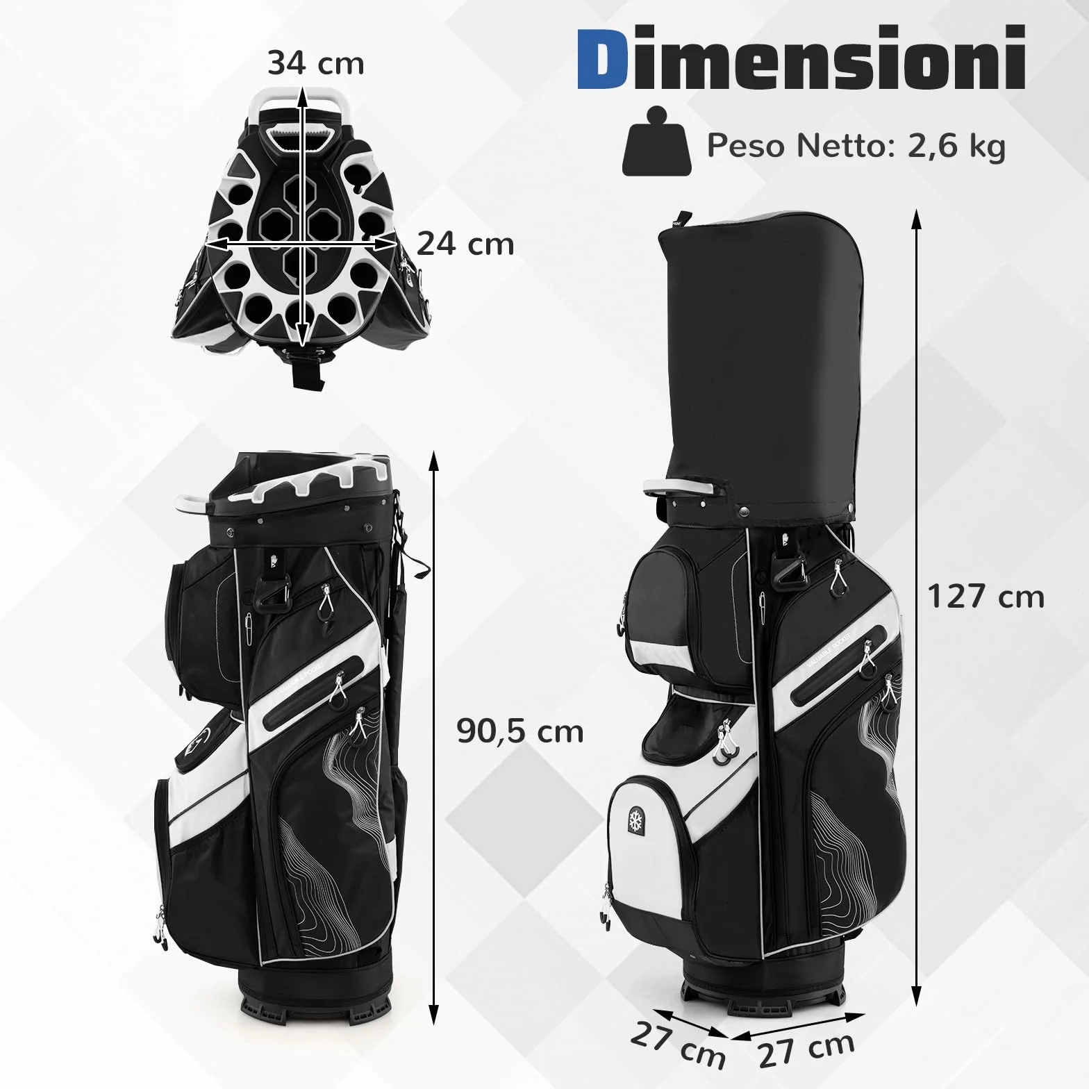 COSTWAY Borsa Carrello da Golf, Sacca da Golf con Serratura e Divisori a 14 Vie, 11 Tasche, Sacca Isolante, Tracolla Imbottita, Maniglie, Porta Ombrello e Cappuccio Antipioggia
