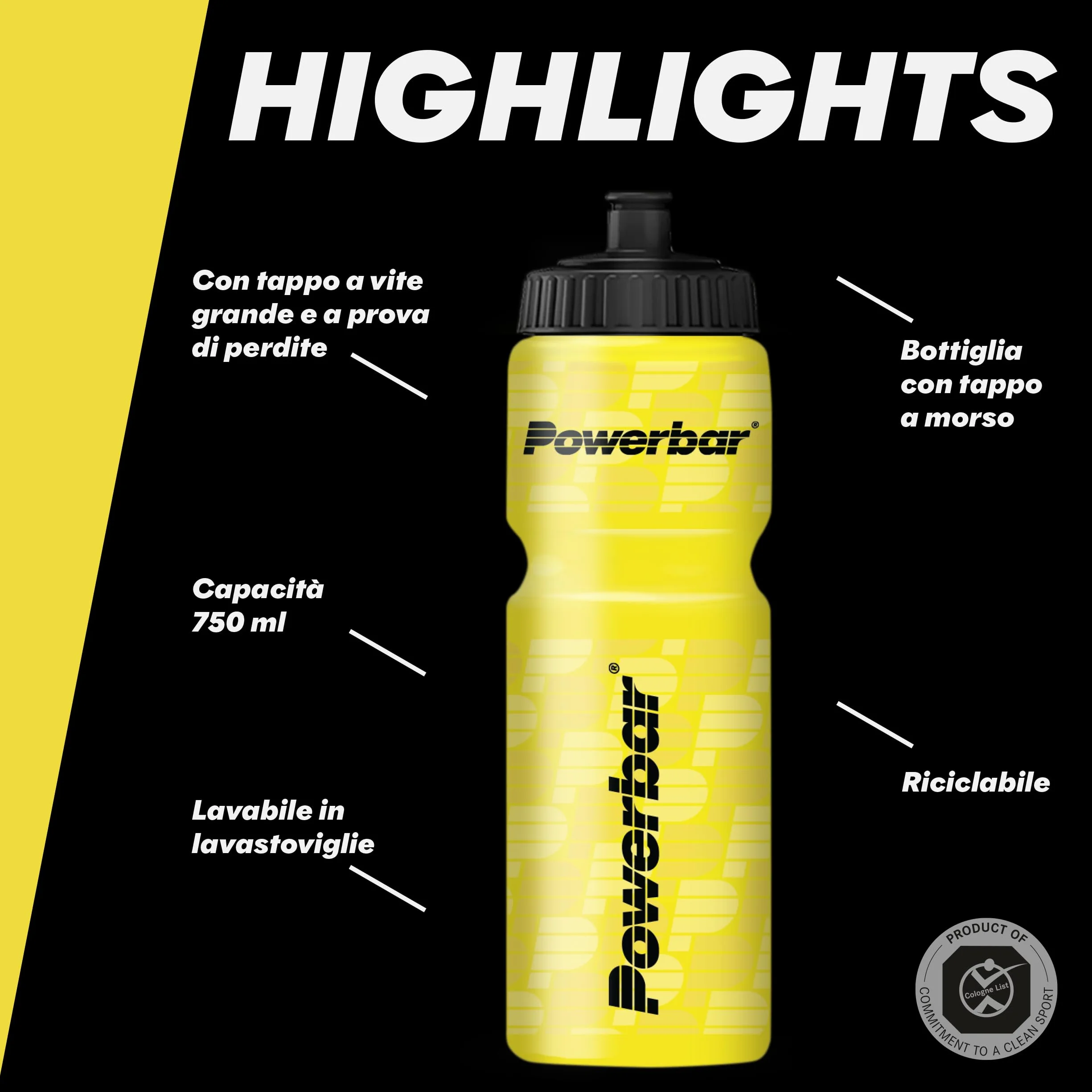 Powerbar Borraccia Sportiva 750 ml gialla a prova di perdite lavabile in lavastoviglie senza BPA