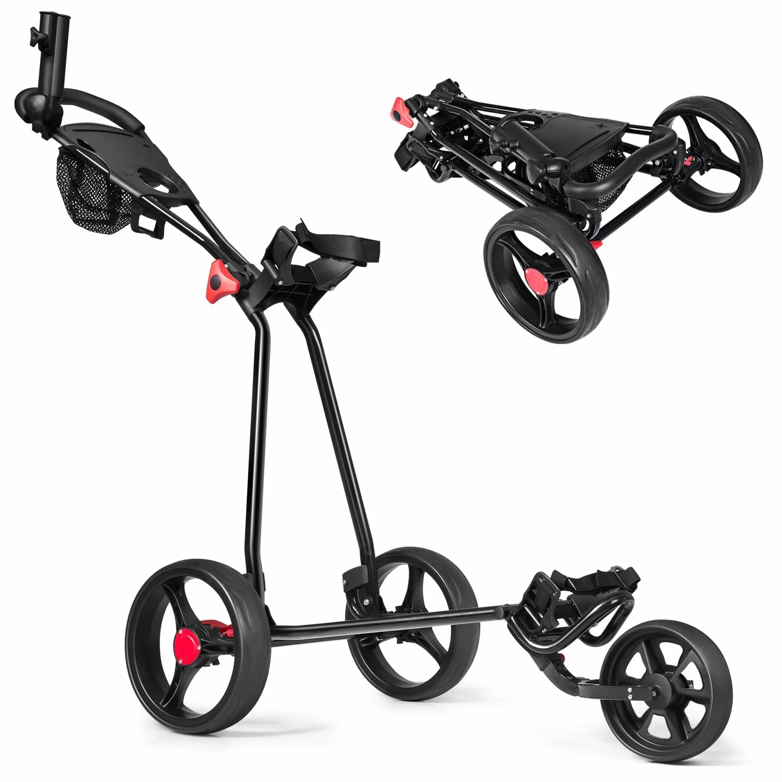 LIFEZEAL Carrello da Golf Pieghevole a 3 Ruote, Maniglia Regolabile TPR, Freno a Pedale, Ferro, Portaombrelli, Nero