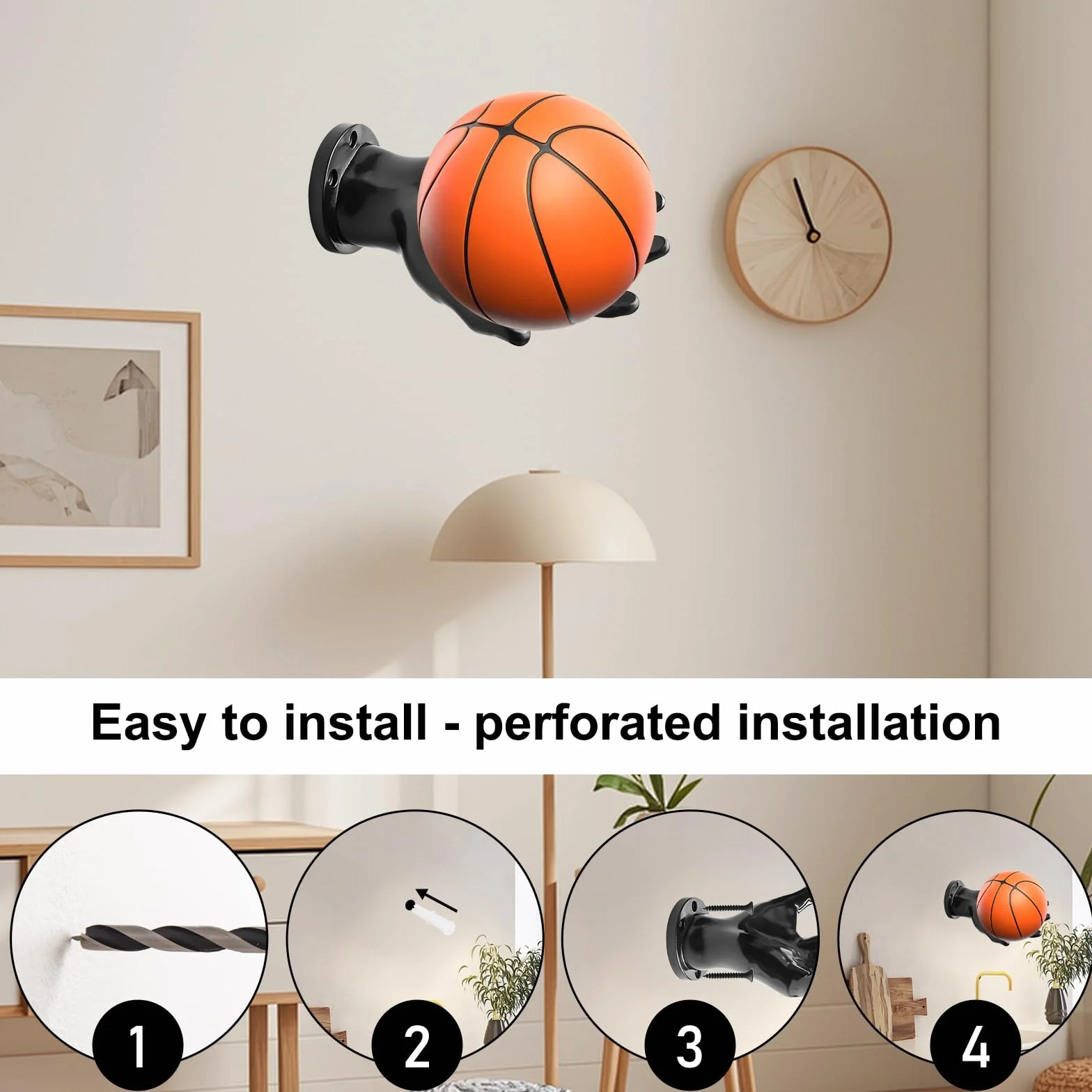 2 scaffali a forma di palma per pallacanestro, supporto da parete per palloni con 4 viti, 4 chiodi, supporto universale da parete per pallacanestro, calcio, calcio