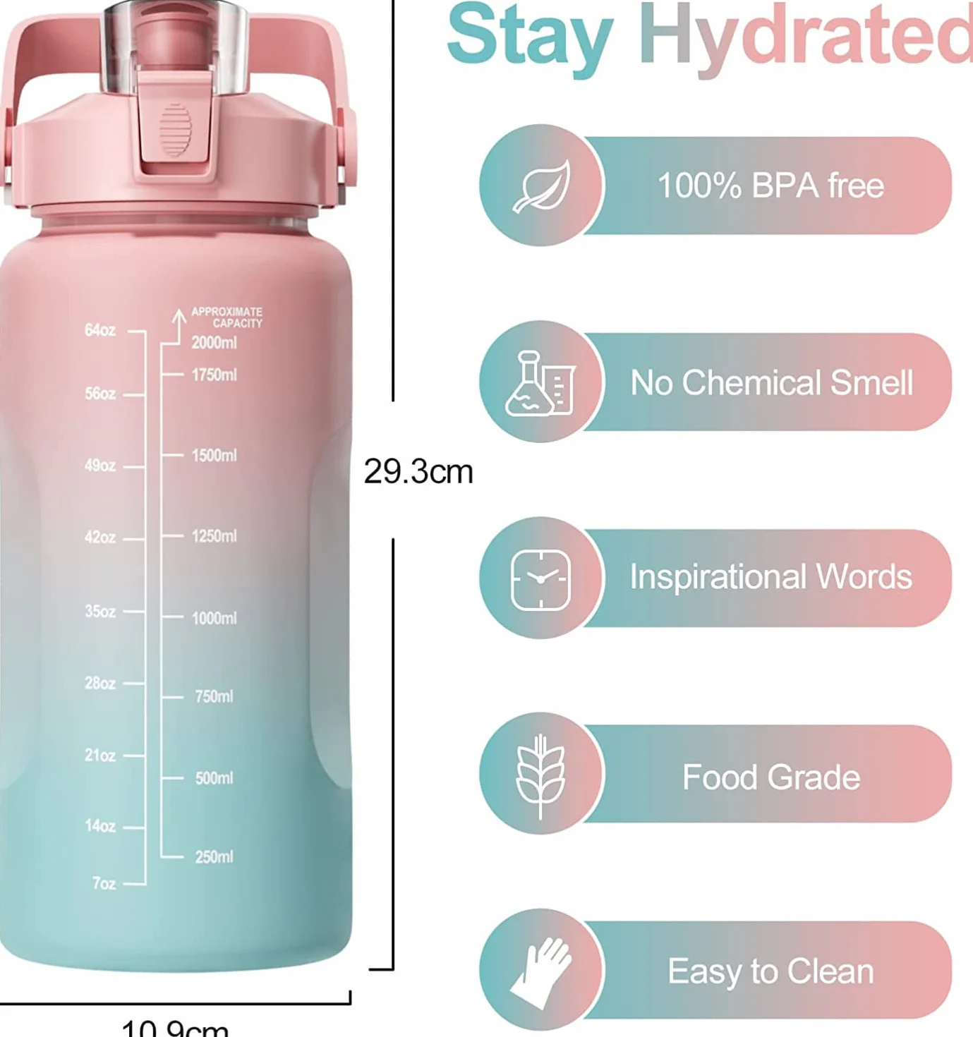 Borraccia con Cannuccia 2 Litro Sportiva Senza BPA, Indicazioni Graduate, Rosa