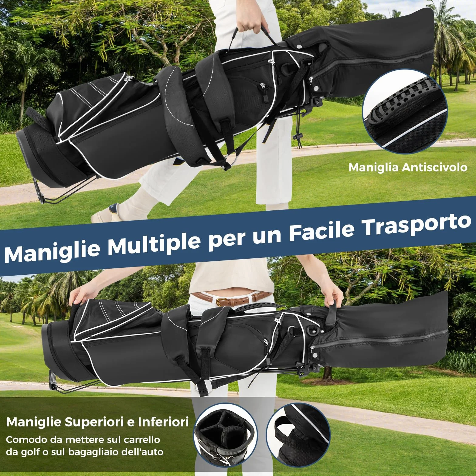 COSTWAY Sacca da Golf con Supporto, Borsa da Golf a 4 Scomparti con 4 Tasche con Cerniera, Borsa Frigo, Tracolla Doppia, Cappuccio Antipioggia, Supporto per Ombrellone