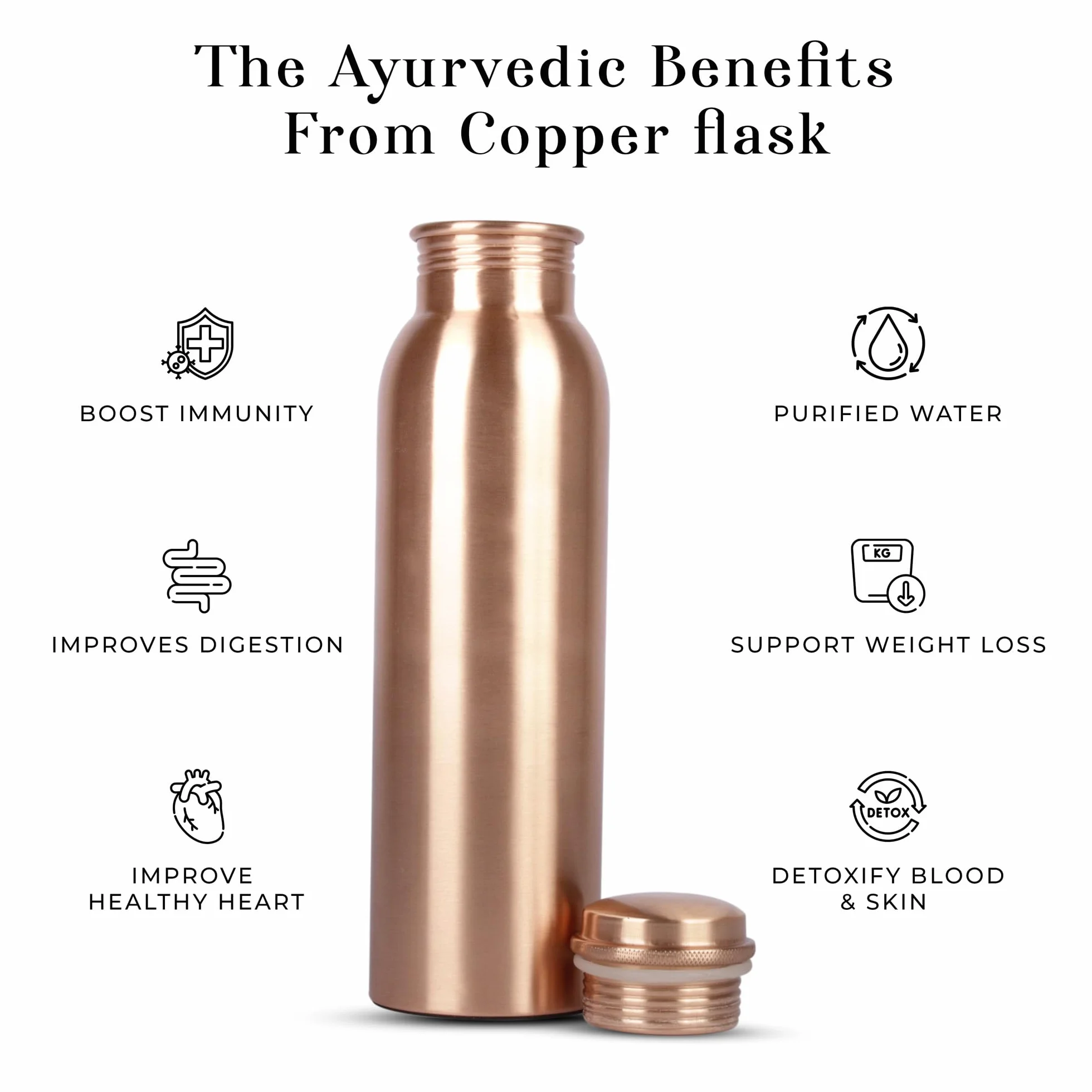 Bottiglia in Rame Puro 1L Vaso Artigianale Fatto a Mano a Prova di Perdite per Bere Benefici Salute Ayurvedica Sport Fitness Yoga